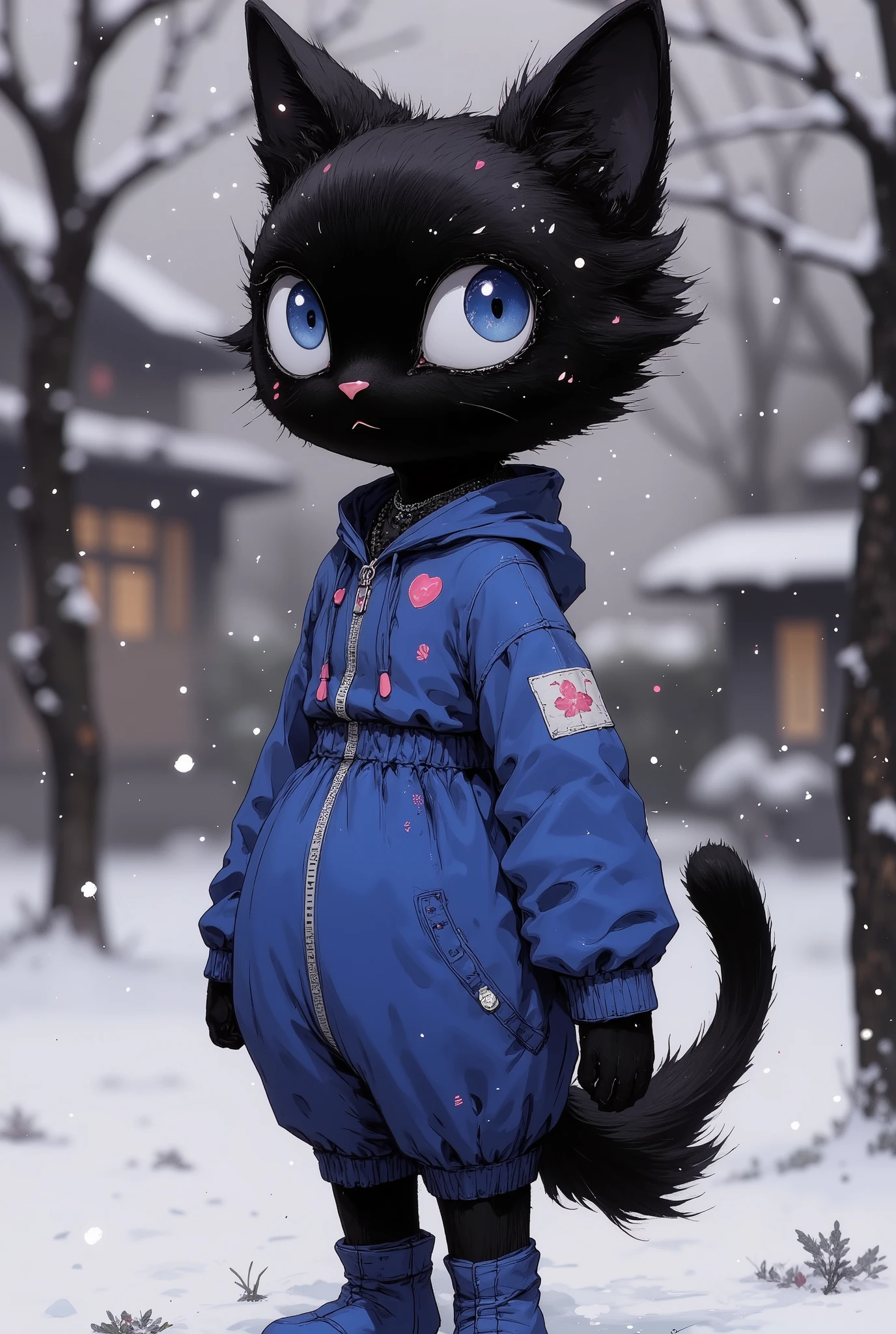 (High resolution,masterpiece:1.2),vivid colors,Beautiful eye details,beautiful detailed lips,long eyelashes,black coat,fluffy fur,cute expression,feline grace, It's cold snow falling outside, (Blue sweatpants:1.3), (The jacket is a blue track jacket:1.3), ((Round and beautifully shaped butt)), (High Definition, masterpiece, Accurate, top quality, High Definition model, high detail, (((The textures are soft))), ((matte and toy-like with a handmade premium look)), (((Tim Burton style))), dark, ((View from below and ground level shot)),