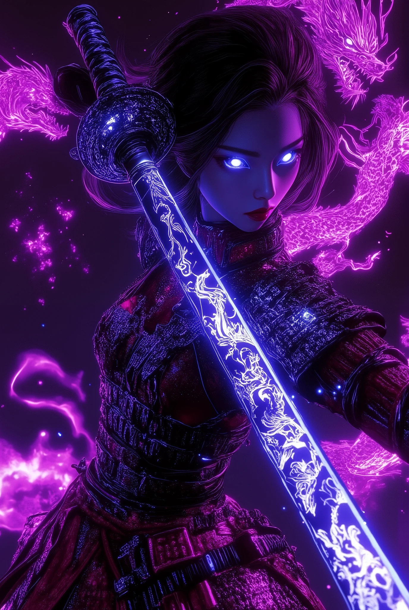 1girl ,megalodon art as a background , Works , HD , colorful art , 3D spray painting ,anime style fantasy illustration. Cyberpunk Japanese German military uniform. Female cyberpunk style swordsman.cross in the eyes,An enchanting pale pink aura glows around her. Magic sword glowing pale blue. Dragon rune emblem. Adorable Japanese assassin. Full cut hair. Dynamic sword swing. Acrobatic pose. Highly dynamic angle shot. Dynamic action blur. Depth of field. Powerful and piercing gaze. Light and shadow effect. Lens flare glow. 4K, Full HD resolution,