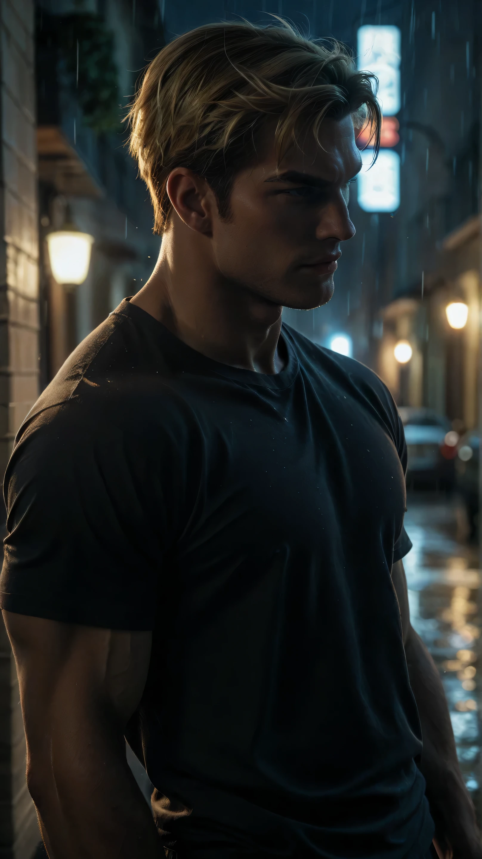 Handsome European model like David Warner blonde hair muscular body black t-shirt ultra HD quality detail serious look night time dark Street dynamic lighting raining