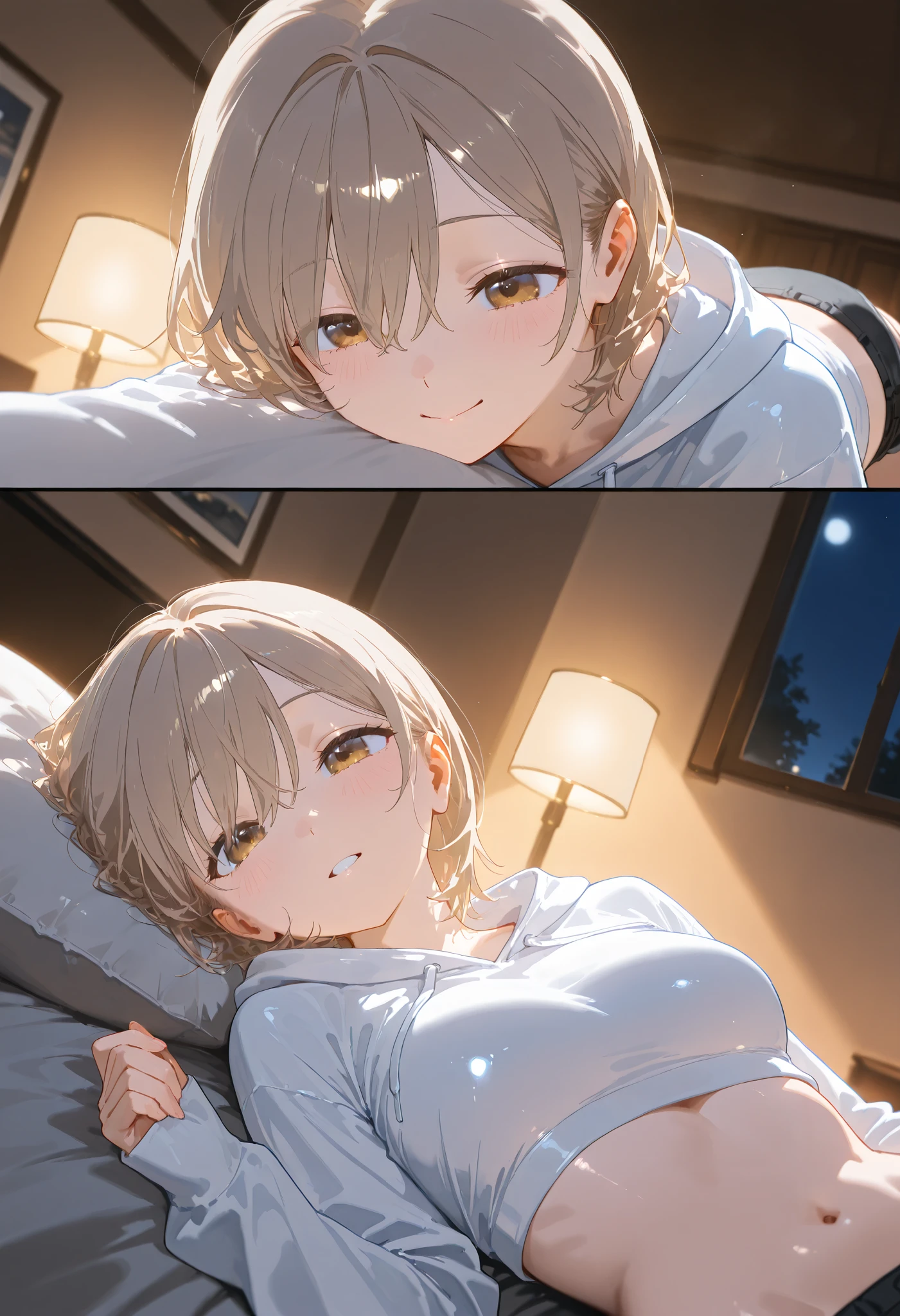 masterpiece:1.2, 8k resolution, ultra-detailed, highly detailed, detailed texture:1.4, cinematic lighting,cool lighting:1.5, atmospheric depth, cinematic framing, balanced lighting, vivid fabric detail, glossy skin:1.3, ultra glossy fabric:1.3, Half Medium Shot :1.6, Eye-level angle,neutral framing, detailed face composition, emphasis on face, glistening eyes:1.3,Mature physique, alone, round eyes , slightly lowered eyes, light brown eyes , vibrant eyes, Sharp facial features:1.4, soft jawline,pale skin,naturally disheveled wave short hair, Light Brown Hair , medium breasts:1.3, slim body, excited expression,A look at other places, blush,white cropped hoodie, HOT PANTS,lying in bed,living room background,night,Romantic vibe, Detailed Background
