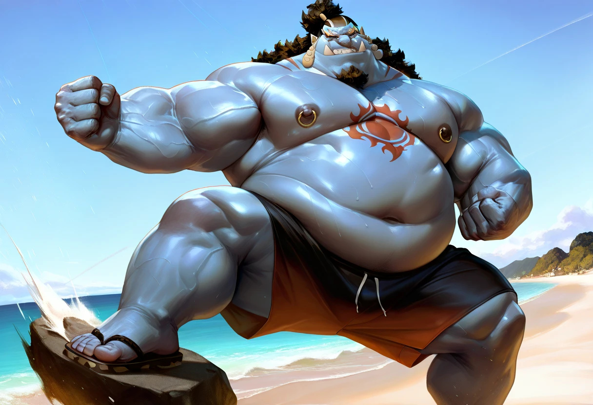 Zangief en la playa de Brazil , rodeado de hombres