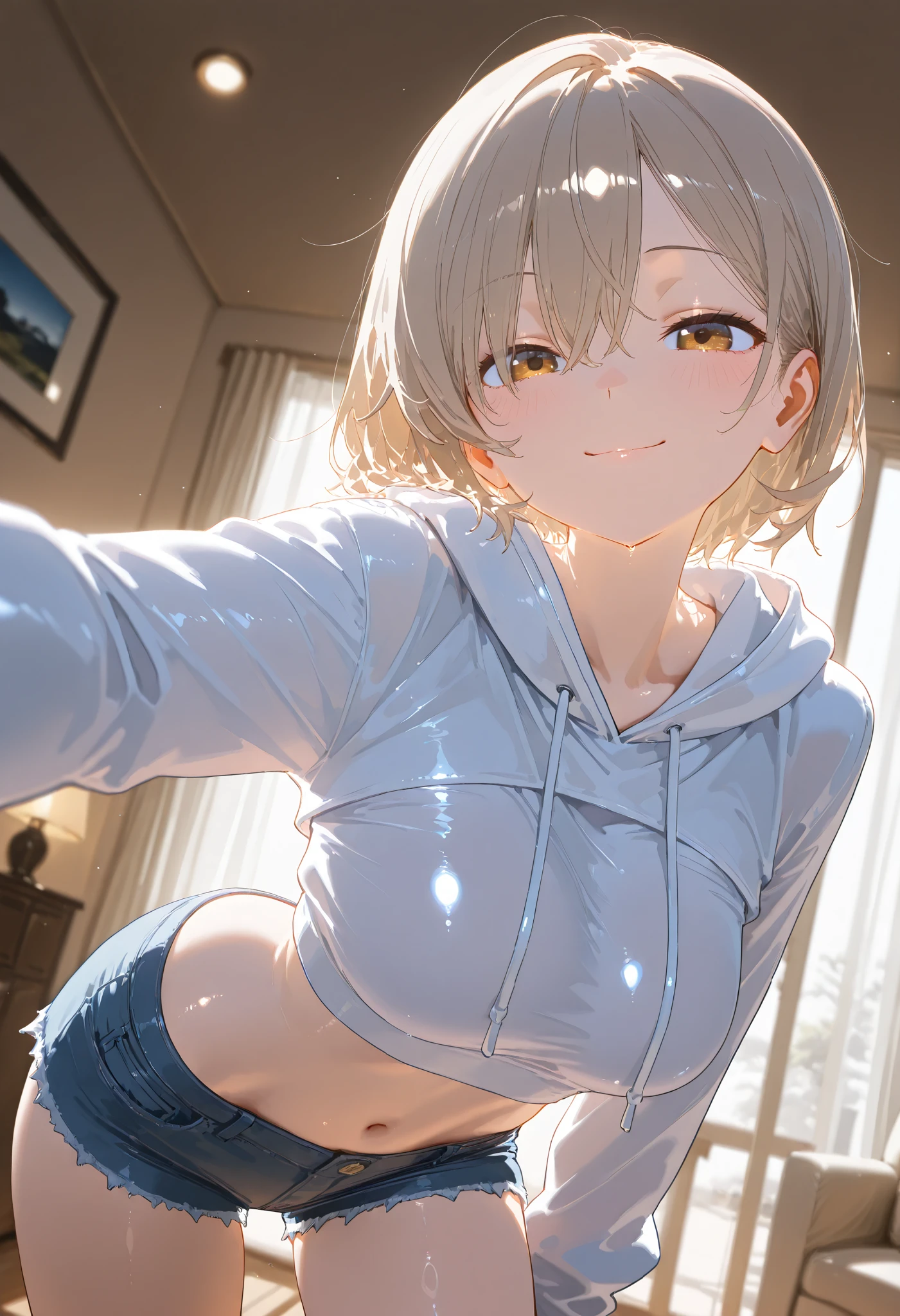 masterpiece:1.2, 8k resolution, ultra-detailed, highly detailed, detailed texture:1.4, cinematic lighting,cool lighting:1.5, atmospheric depth, cinematic framing, balanced lighting, vivid fabric detail, glossy skin:1.3, ultra glossy fabric:1.3, cowboy shot:1.7, Eye-level angle,neutral framing, detailed face composition, emphasis on face, glistening eyes:1.3,Mature physique, alone, round eyes , slightly lowered eyes, light brown eyes , vibrant eyes, Sharp facial features:1.4, soft jawline,pale skin,Playful Smile,naturally disheveled wave short hair, Light Brown Hair , medium breasts:1.3, slim body, blush,white cropped hoodie, HOT PANTS, dynamic pose,candid shot,spontaneous movement,living room background, Detailed Background