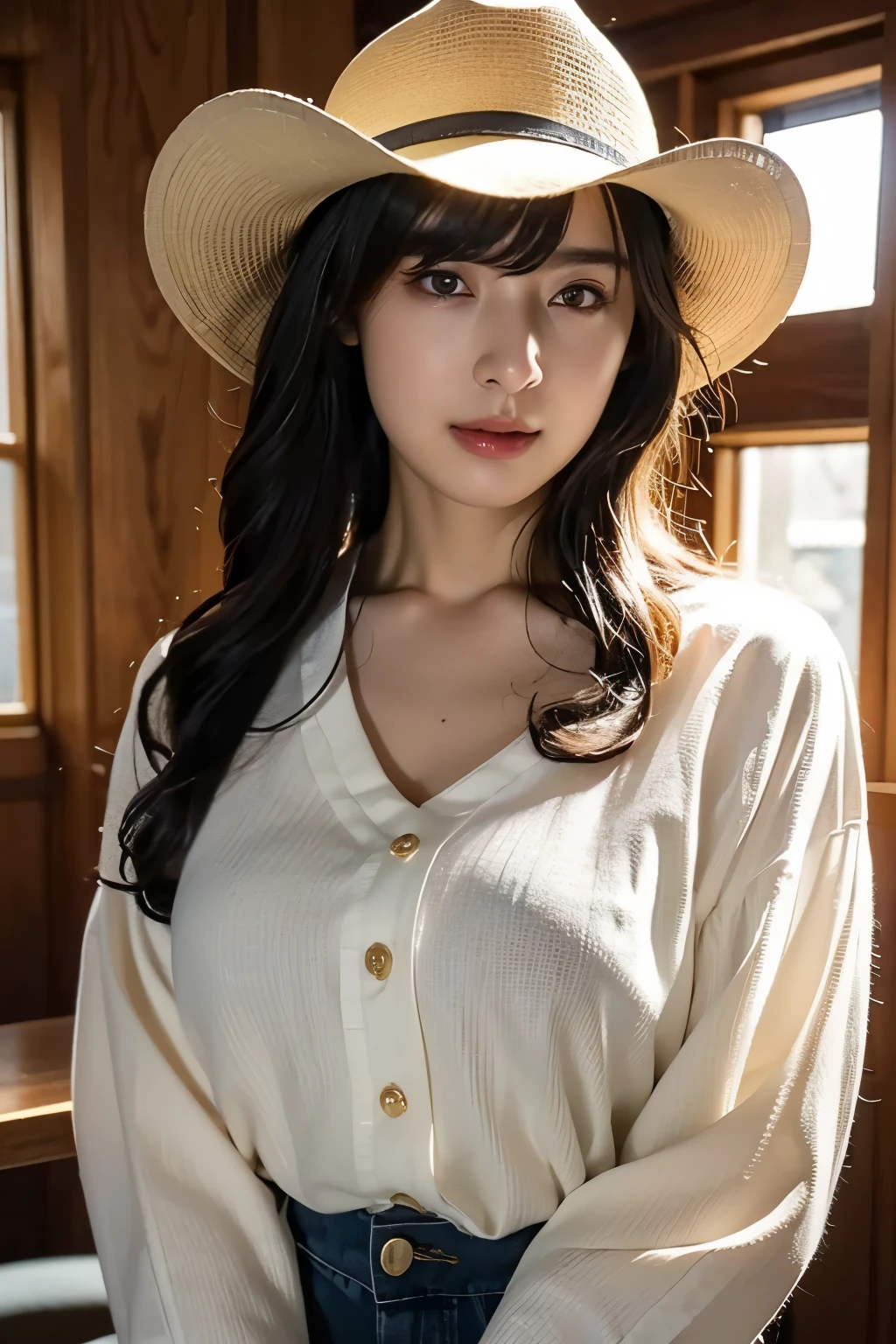 (In 8K, top quality, masterpiece:1.2), (realistic, Photorealistic:1.37), very well detailed, natural light, medium breasts, Knitted V-neck shirt , Cowgirl who , very well detailedな顔と肌, detailed eyes, very well detailedな顔と肌