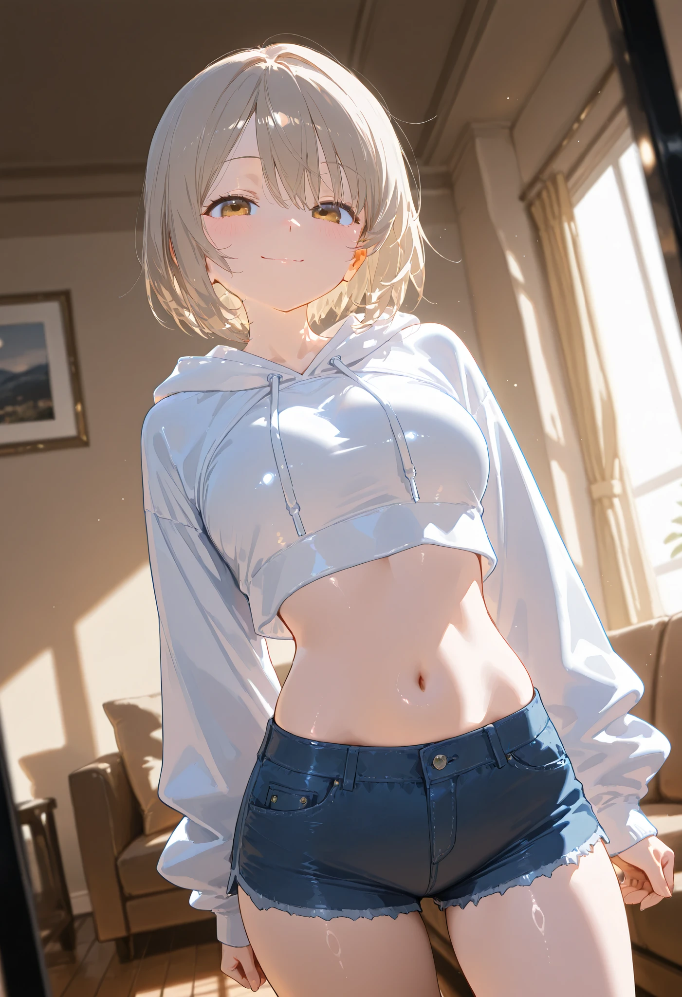 masterpiece:1.2, 8k resolution, ultra-detailed, highly detailed, detailed texture:1.4, cinematic lighting,cool lighting:1.5, atmospheric depth, cinematic framing, balanced lighting, vivid fabric detail, glossy skin:1.3, ultra glossy fabric:1.3, cowboy shot:1.7, Eye-level angle,neutral framing, detailed face composition, emphasis on face, glistening eyes:1.3,Mature physique, alone, round eyes , slightly lowered eyes, light brown eyes , vibrant eyes, Sharp facial features:1.4, soft jawline,pale skin,Playful Smile,naturally disheveled wave short hair, Light Brown Hair , medium breasts:1.3, slim body, blush,white cropped hoodie, HOT PANTS, natural posture,candid shot,spontaneous movement,living room background, Detailed Background