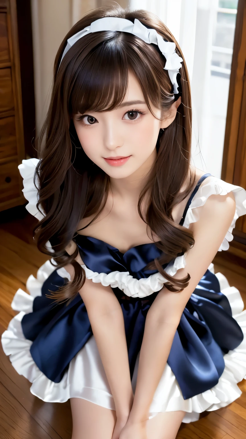 ((table top, highest quality, High resolution, perfect pixel, 4k)), realistic, Highly detailed CG Unity 8k wallpaper, Depth of written boundary, cinematic light, Lens flare, ray tracing, 1 girl, single, alone, Beautiful woman、I could see the whole body, ((wavy middle hair, bangs, brown hair)), ((brown eyes, beautiful eyelashes, realistic目)), ((detailed face, blush:1.2)), ((smooth texture:0.75, realistic texture:0.65, realistic:1.1)), big and full breasts, dynamic angle, perfect body, ((Made in the UK, white frilled maid headband, ruffle blouse, ribbon tie, pinafore, dark blue mini skirt, silk socks, high heels)), city stairs, Looking up from the bottom of the stairs, Very embarrassed, panic smile, looked back, lean forward, ((The wind flipped my skirt and exposed my butt....................., Please think back, touch your butt with both hands, silk lace panties, shiny thighs)),