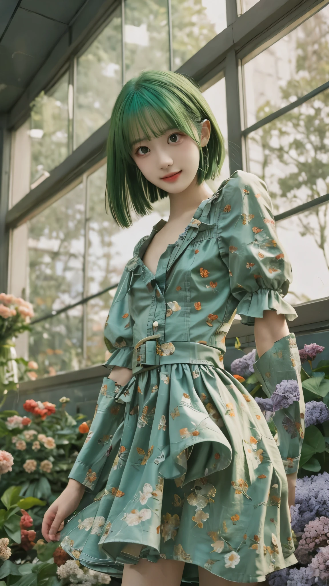 high resolution,超high resolution,8k, High precision,TOP QUALITY, masterpiece, Super Fine Paintings , detailed depiction of up to the front door,1 girl, upper body,((asymmetrical haircut , green hair)), big breasts, supine pose , similarly , glowing neon lights , intermediate shot,Fujifilm X-T4 + 23mm f/2 Lenses,dusk,Flower Farm,viewers, (( slender body line )), ( small nice ass:1.3), (wacky dress )