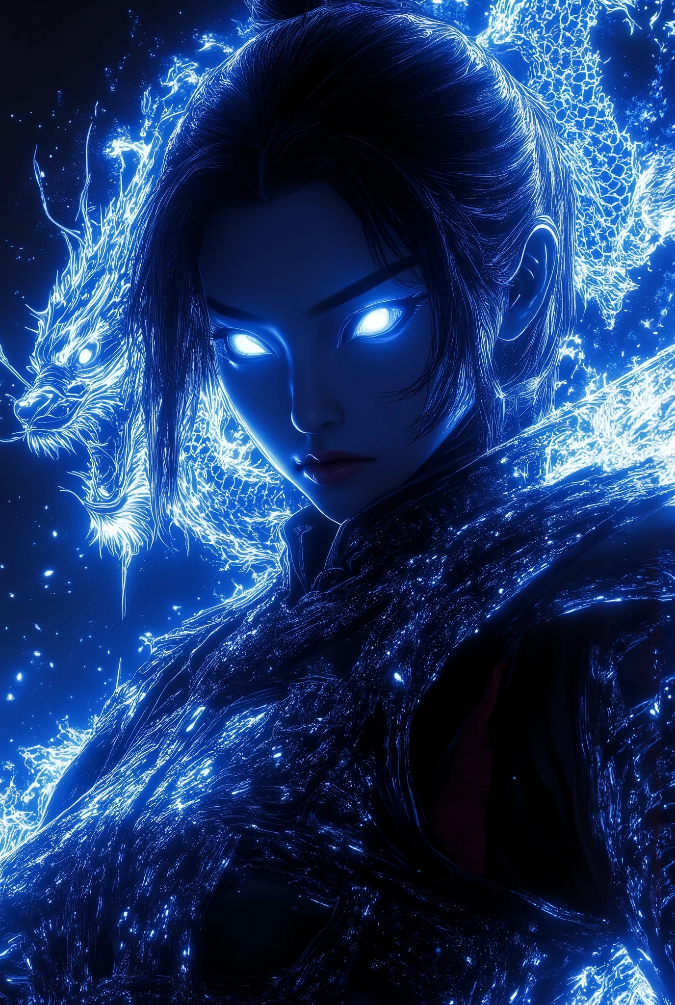 1girl ,megalodon art as a background , Works , HD , colorful art , 3D spray painting ,anime style fantasy illustration. Cyberpunk Japanese German military uniform. Female cyberpunk style swordsman.cross in the eyes,An enchanting pale yellow aura glows around her. Magic sword glowing pale blue. Dragon rune emblem. Adorable Japanese assassin. Full cut hair. Dynamic sword swing. Acrobatic pose. Highly dynamic angle shot. Dynamic action blur. Depth of field. Powerful and piercing gaze. Light and shadow effect. Lens flare glow. 4K, Full HD resolution,