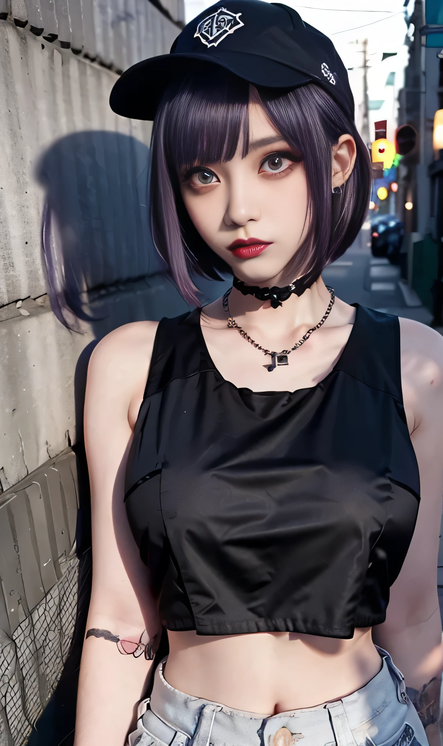 Top quality work with great detail、16k ultra-high resolution stills、One of the best photos taken by a cameraman、illuminated by an outside light
(( dark makeup))Tattered Concrete Wall、(((white cropped tank top:1.2)))、gothic sarouel pants、chest、大きいchest、 shortcut hair、(( purple hair、 long lashes、 gothic makeup 、 dark makeup、Black Lip、baseball cap))belly button、Symmetrical eye shape、purple eyes, look at the camera and put、necklace、Earrings、 sports bra、Big Breasts、Night Road、A beautiful woman who looks like a goddess