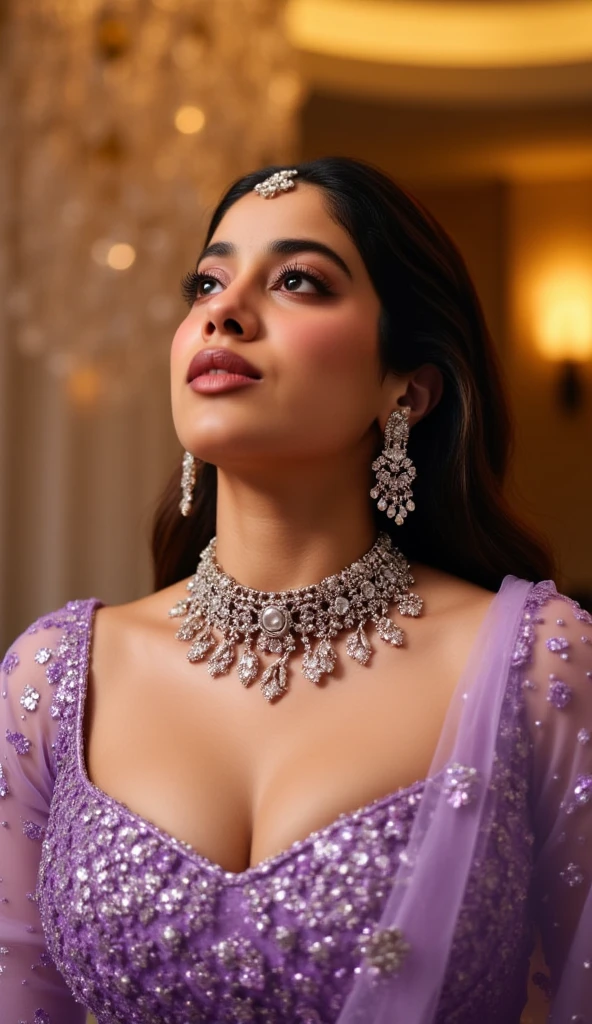 A stunning Indian woman in a lavender lehenga, gazing upwards with a soft dreamy expression, adorned with elegant silver and diamond jewelry, long dark hair gently cascading down, ambient golden lighting highlighting her delicate features, luxurious blurred background with soft glowing lights, cinematic portrait, ultra-HD hyper realistic, 8K --ar 4:5  
