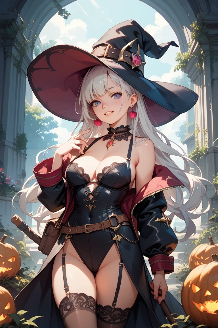 ((masutepiece)), ((Best quality)), (Ultra-detailed), ((kawaii)), cute, (lovly), ((Sexy)), (Ero), ((Extremely detailed)), 4K, (8K), Best quality, (Beautiful), Illustration, Anime style, Painting, Dynamic Angle, Full body, look down from above, gradients, full body focus, forest, evening, Cute little girl s, 1girl in, Solo, (Witch), Beautiful white hair, beautiful silver eyes, ((Beautiful eyes)), White-skinned, Short hair, big chest out, Triumphant look, smug look, self-satisfied look, blush, sparkling effect, Lens Flare, shiny-glistening, gleaming,