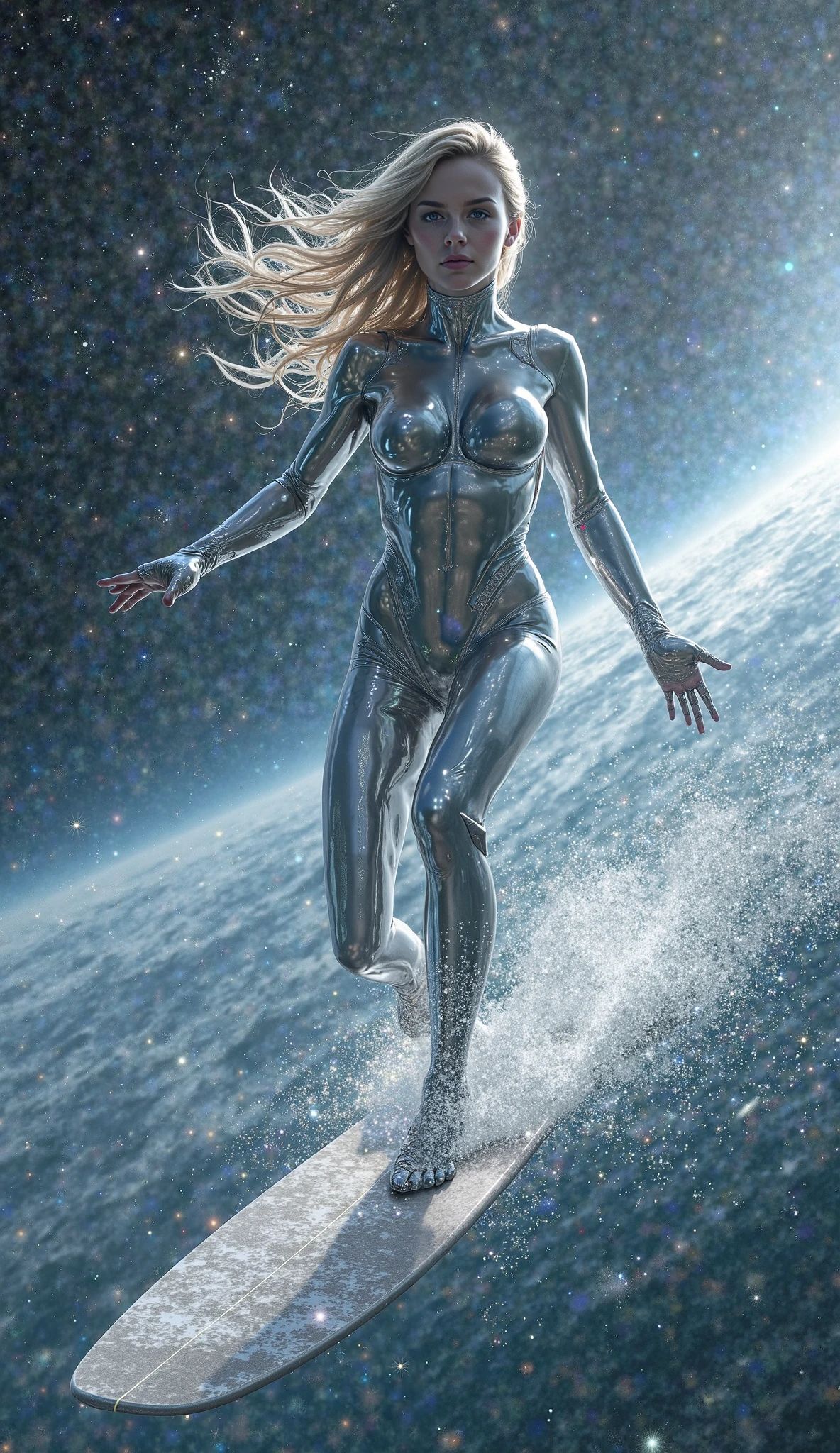 Long shot, full body portrait, super hot gorgeous European woman, 26 years old, blonde wavy hair. She is her playmate and a model for a men's magazine. Sexy swimsuit style spacesuit, diving in outer space, long hair floating in the air in space, hair floating in zero gravity, legs spread, view of dark outer space and planet Earth, 4K highly photorealistic, UHD 4K highly detailed , ((Ethereal Lighting, Ultra High Resolution Photorealistic: .1.4, (High Detailed Skin: 1.2), 8K UHD, DSLR, High Quality, Film Grain, Fujifilm XT3, (Masterpiece) (Top Quality) (Details) (Cinematic Lighting) (Sharp Focus) (Complex), NSFW,