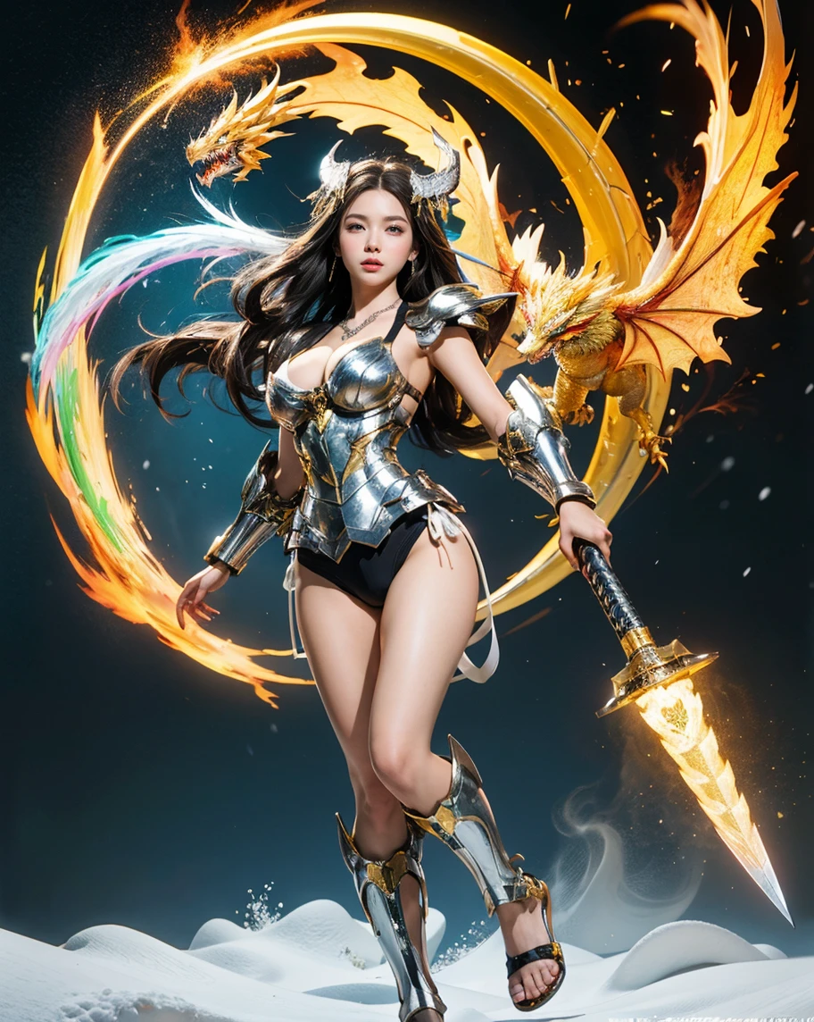 ((World of Darkness)),Professional , masterpiece、top-quality、photos realistic , depth of fields 、(((Fight dragons))),(Dragon Black Metal Body:1.9),(Latex Blue、(cleavage of the breast),(Fight dragons)、、(((Particles of light))),(Micro Bikini Armor:1.7),Gorgeous gold weapons ,(Fight dragons)、Seductive look、The face of the dragon is out、(blood splattere、Armpit、((((With a magic wand))), ) , (((Wearing a black latex wizard hat))),(demonic wings) ,((a blond))、(Castle background)、((Gangle's forest background))、Beautiful Caucasian beauty、1a person、Armpit、dynamic ungle,(((Detailed Gold Dragon Wizard Hat)))、Smaller head、A smile、Castle background、Thin and beautiful female hands、cleavage of the breast、Soldier in iron armor on background、Mystical expression、Light Effects、intense fighting、Wind-effect、magic circles、With the legendary magic wand、Dragon's tail、explosions、Toostock、Toostock、(Beautuful Women),