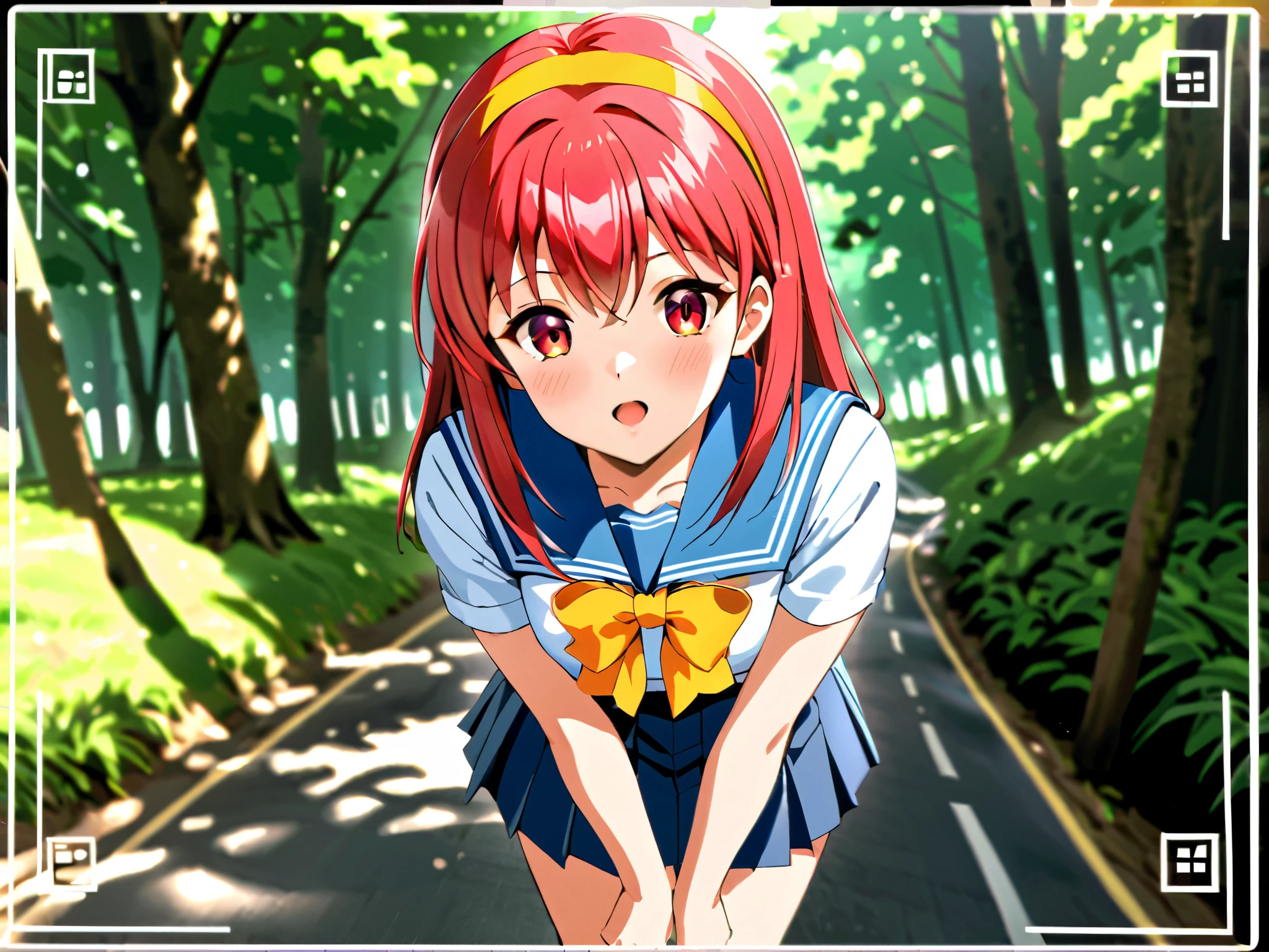 ShioriFujisaki,red hair,red eyes,long hair,hair band,1gail,1boy ,school uniform,blue sailor collar,blue pleated skirt,yellow bow,shoes,socks,recording,viewfinder,Forest Park,Short sleeve,bangs,blush,bottomless,eyebrows visible through hair,looking at viewer,open mouth, cross your arms behind your back, standing, Gravure Shooting
