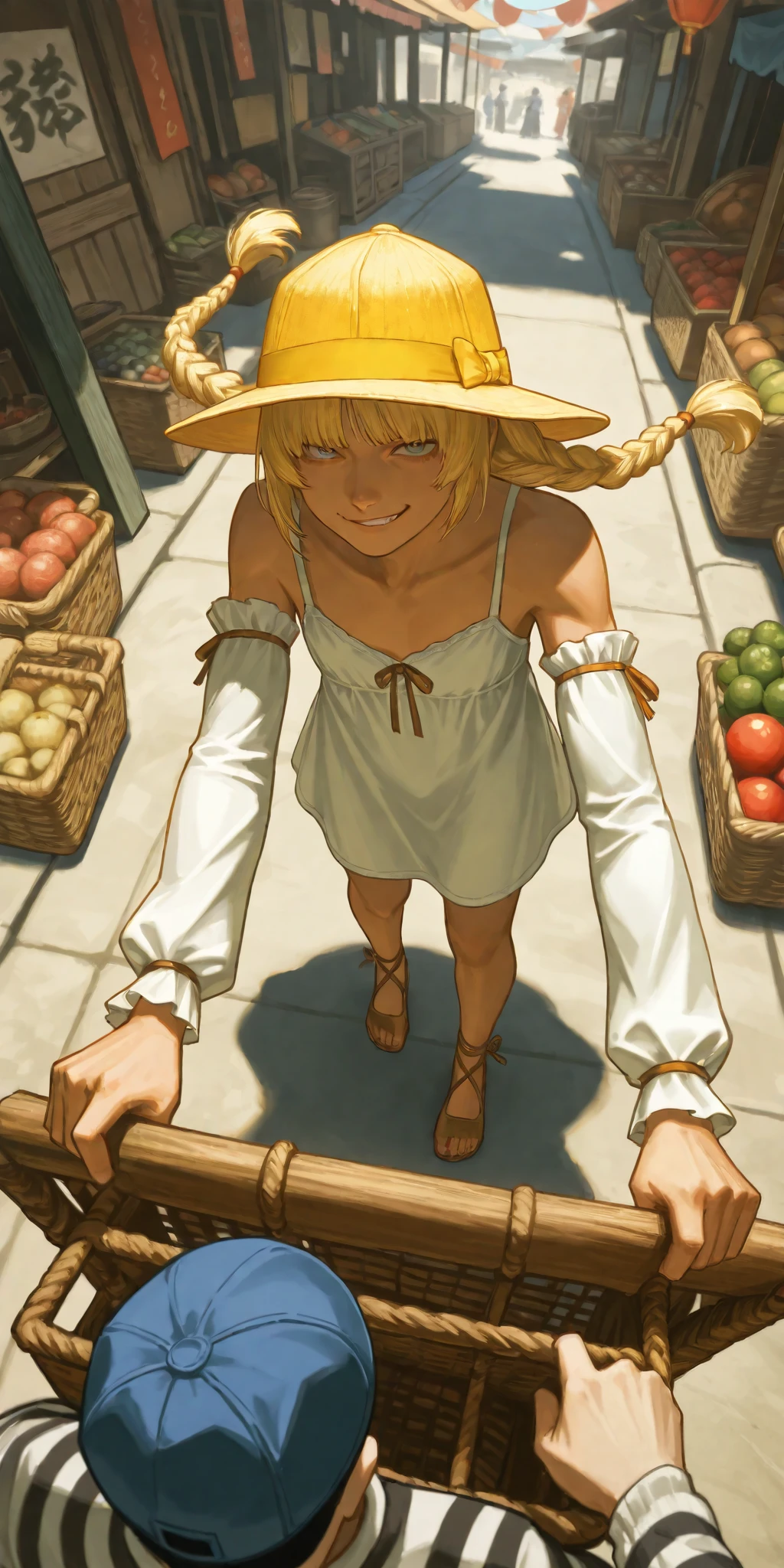 1 Boy\(\(Street Fighter 4\), young, smirk, main au bord de la casquette, eyes hidden by a cap pulled deeply down,blue cap with (yellow brim), braided long hair, pantalon ample noir de Tai Chi Wudang,chemise blanche sans manches longue de Tai Chi Wudang , baskets,big smirk,,\), Street of a country market in old China, Shot from above , pose dynamique, dynamic movement , angle dynamique, Action scene, mouvement flou, habitants vibrants de Hong Kong, realistic, masterpiece striped sweater, best quality