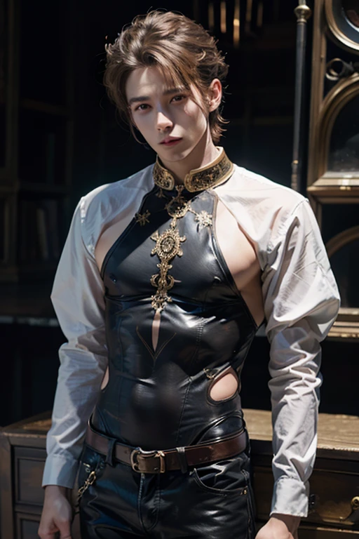 (masutepiece,High resolution,ultra - detailed:1.0),1(man,Robot man),Perfect male body,Look at the camera,Delicate eyes and delicate face,extremely details CG,Unity 8k wallpaper,intricate-detail,solo person,Detailed face, (chest harness, garter straps, Harness strap, neck strap , micro string thongs), Best Quality, hands visible, (White Gloves), short hair:1.5 , full length shot(fls) , big thighs , insane details, hyper details ,16k resolution , ultra-high clarity , hyperrealism, uhd,(K-pop idol shooting magazine cover photo), thick thighs, male , ((unrealistic wide hips , unrealistic wide pelvis )), ((only man , only male)) , ((ultra realism , ultra photorealism)) , (sexy , eroticism , nsfw) , mature man , pectoral