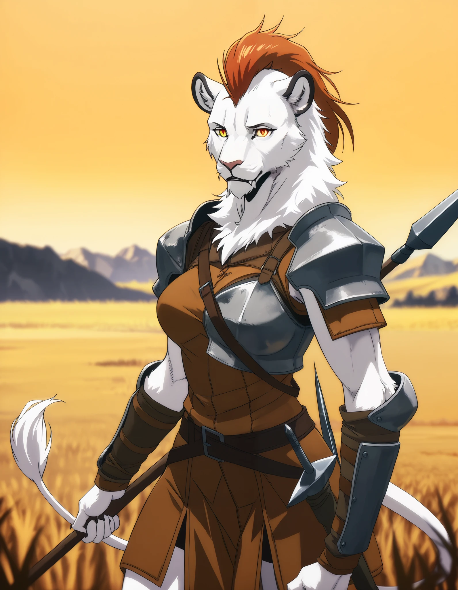 score_9, score_8_up, score_7_up, score_6_up, score_5_up, score_4_up, ((Anime)), best quality, Antro, LIONESS Woman, LIONESS hybrid, stunningly beautiful woman, (WHITE FUR LIONESS), (Orange gradient eyes), vivid colors, ((WHITE FUR skin)), (WHITE fur:1.1), ((LIONESS tail)), FANGS, mohawk hair, powerful, mysterious, strong musculature, sexy, wearing armor, armored shoulders, leather armor straps, at the PLAINS trail, outdoors, in the ((Savannah)), pointy chest, perky tits, depth of field, cinematic, soft light, (detailed eyes), detailed iris, antro, perfect eyes, antro, tail, fur for skin, antro, (plateau, break wasteland), (anthro female_lion:1.2), lioness, lion_breasts, ((Holding Spear)),