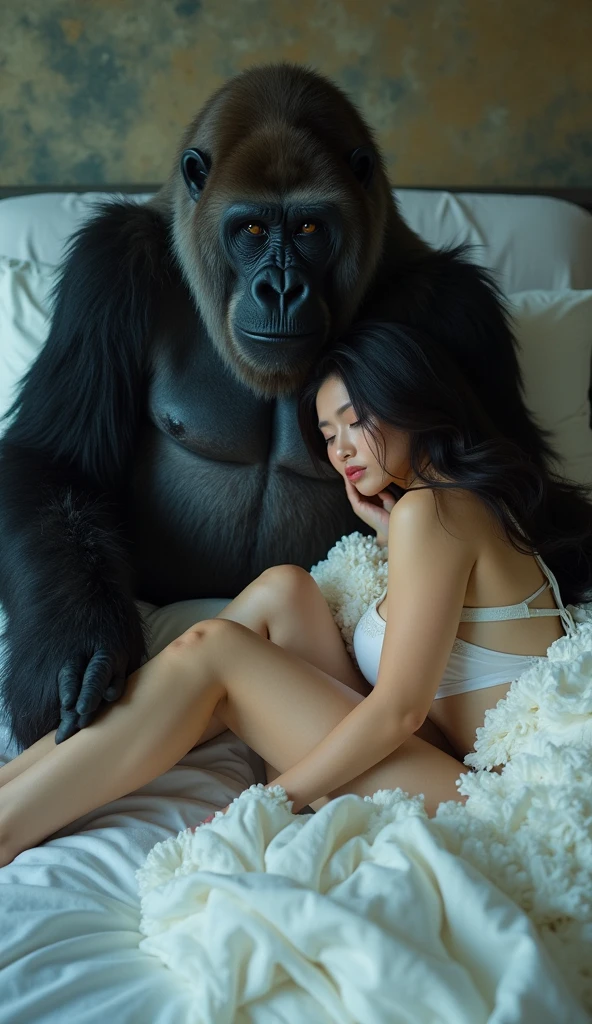 giant gorilla  monster carries  faint limp  topless beautiful horny aroused  leopard thong mature  asian stripper in his arms embrace sitting on his lap damsel in distress cuddling big breasts kissing nsfw 