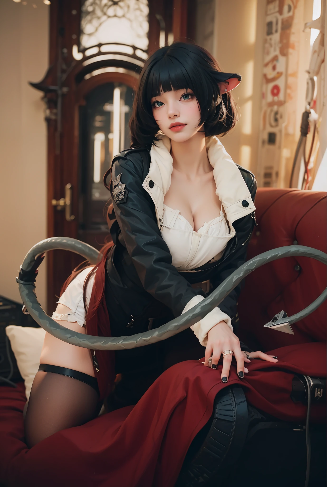 beauty、He is wearing a white striped dress shirt and a black vest..、Wearing a flashy black feather coat、Big Breasts、Wear tight black pants、He has two red belt holders on his waist..、Wearing flashy sleeves and gloves、Wearing a black tie、White Background