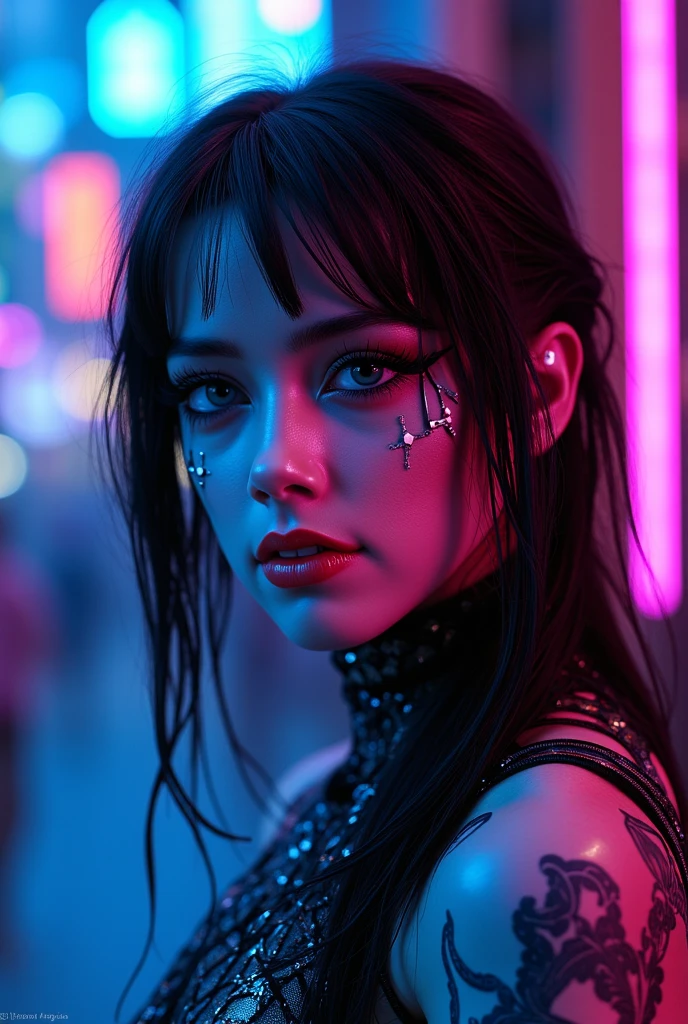 a beautiful young girl, cybergoth style, sensual pose, party outfit, detailed facial features, intricate makeup, neon lights,   glowing neon accents, cinematic lighting, hyper-realistic, 8k, photorealistic, masterpiece, award-winning digital art