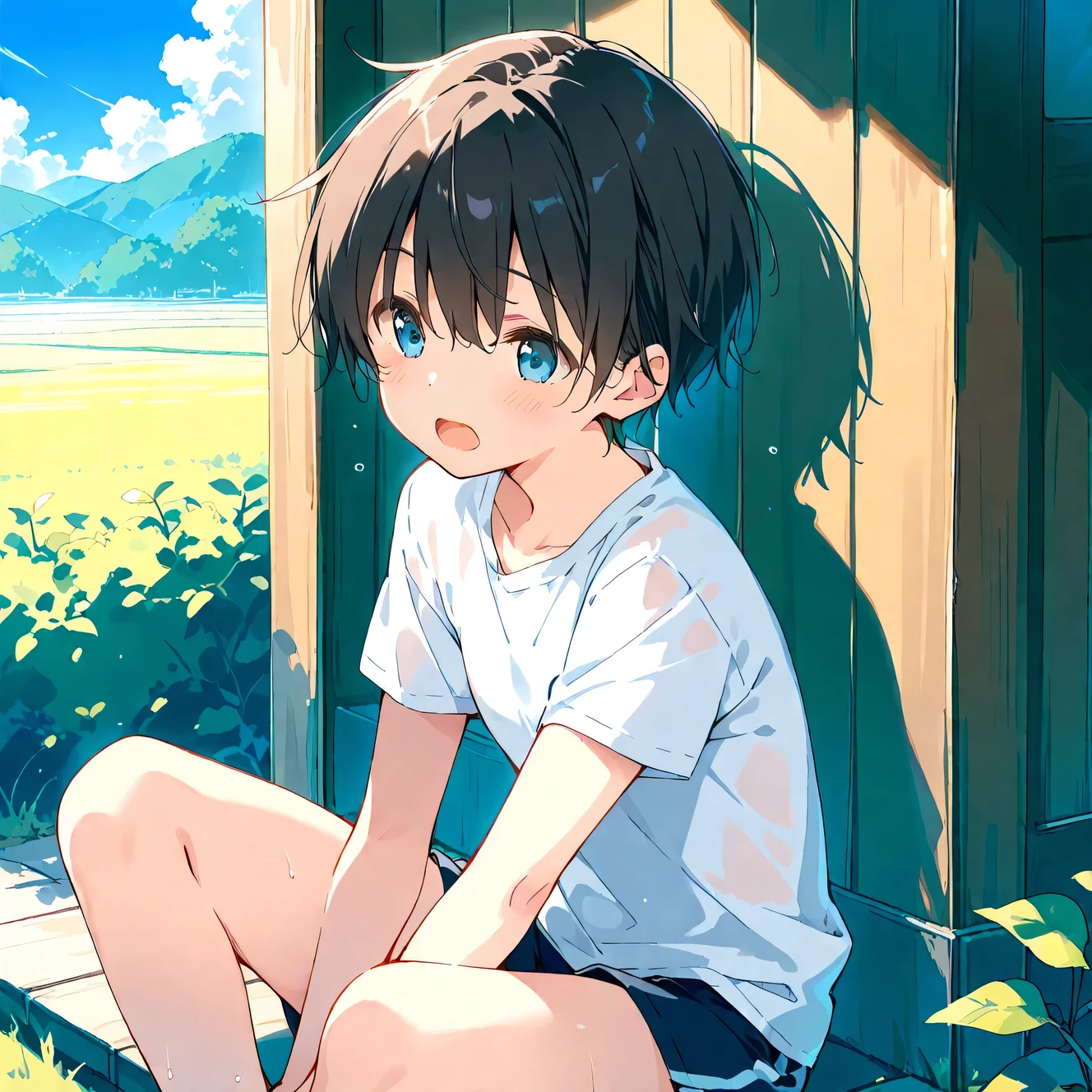 (masterpiece), (best quality), (ultra-detailed),artist:kokonoka, 1girl, cute tomboy, open mouth, sitting, exhausted, outdoors, wind,