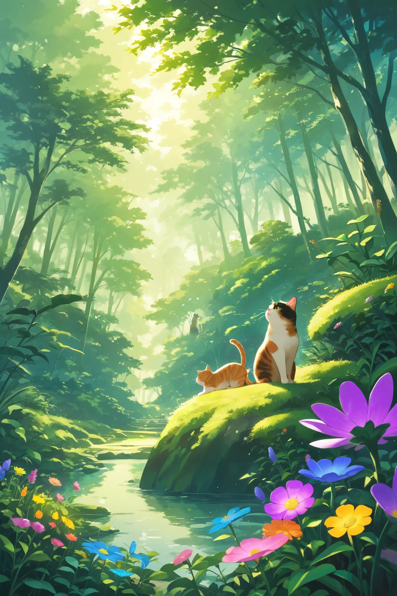 Nature ecosystem with cat and at some colorful flower and bugs