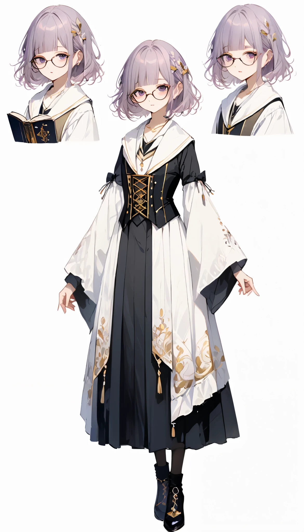 Score_9, Score_8_up, Score_7_up, Score_6_up, Score_5_up, Score_4_up, ((masterpiece, best quality, ultra detailed, super high resolution)), (source_anime), 1 girl, full body female character, short purple hair, purple eyes, elegant scholar attire in purple and gold tones, inspired by fantasy and medieval academia, Her outfit includes a long, flowing robe or a high-collared jacket with intricate golden embroidery, layered with a fitted waistcoat or corset-style top. She holds an ancient tome or magical scroll. Her expression is calm, intelligent, and slightly serious, with a subtle tsundere vibe. She has short, lilac-colored hair without bangs and deep purple eyes, wearing stylish glasses. The background is simple and neutral, a dynamic pose, dynamic pose, concept art, multiple views, simple white background, different perspective of the character, soft line art, thick line art, bold line art.