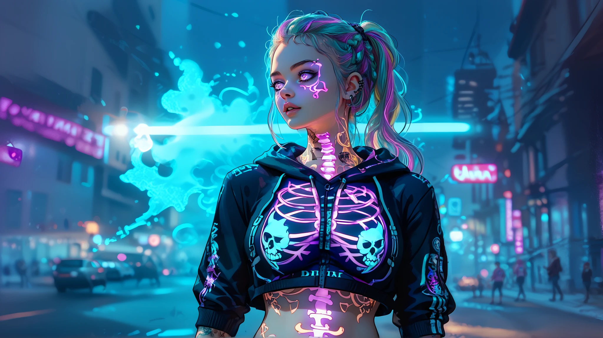 /imagine prompt: Sexy busty body Maggie rhee wearing streetwear lifting up hoodie what color bikini top she wear, wearing a neon Glowing scary tattoo, sleeve tattoo, Cool background, screen fit, tattoos, High Resolution, Accurate, Best Quality, Detail, HD, High Details, Quality, High Quality, Super Detailed, UHD, Textured Skin,puts her finger on her lips in showing shhhhh the walking Dead aqua colors, form lighting, aleksi briclot, hirohiko araki ablaze colors, beaming colors, blue violet, chartreuse color, colorful, cool colors, goth, titties out 8k perfect quality extremely detailed , russian violet, royal blue, neon green, neon colors, flaming colors, beaming colors
