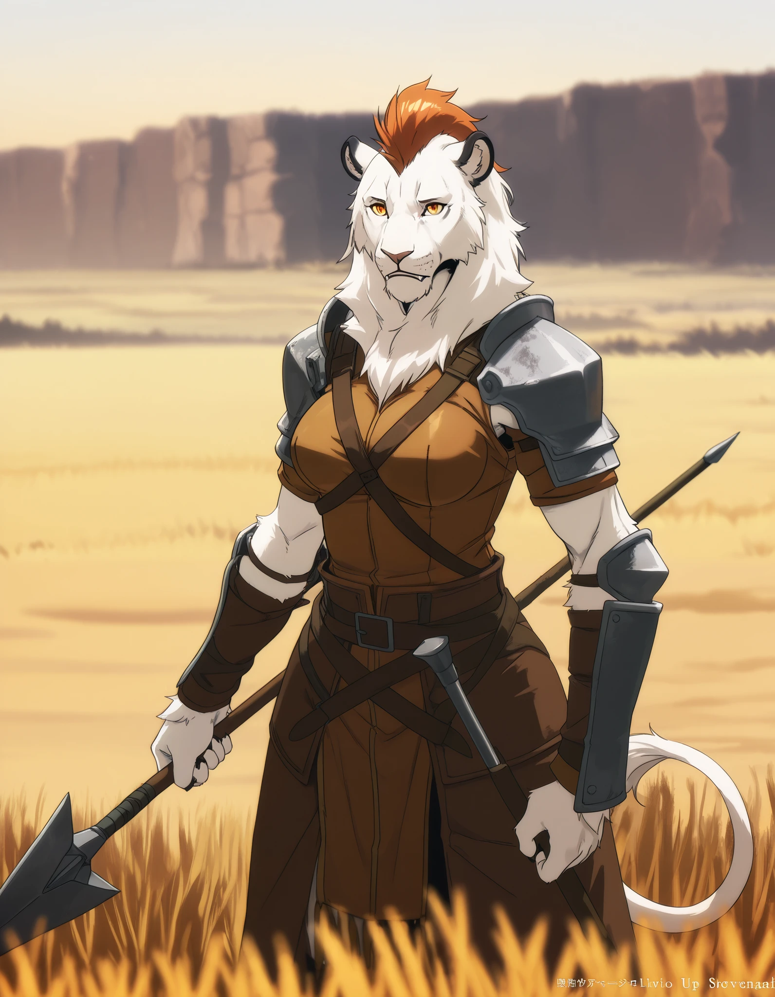 score_9, score_8_up, score_7_up, score_6_up, score_5_up, score_4_up, ((Anime)), best quality, Antro, LIONESS Woman, LIONESS hybrid, stunningly beautiful woman, (WHITE FUR LIONESS), (Orange gradient eyes), vivid colors, ((WHITE FUR skin)), (WHITE fur:1.1), ((LIONESS tail)), FANGS, mohawk hair, powerful, mysterious, strong musculature, sexy, wearing armor, armored shoulders, leather armor straps, at the PLAINS trail, outdoors, in the ((Savannah)), pointy chest, perky tits, depth of field, cinematic, soft light, (detailed eyes), detailed iris, antro, perfect eyes, antro, tail, fur for skin, antro, (plateau, break wasteland), (anthro female_lion:1.2), lioness, lion_breasts, ((Holding Spear)),