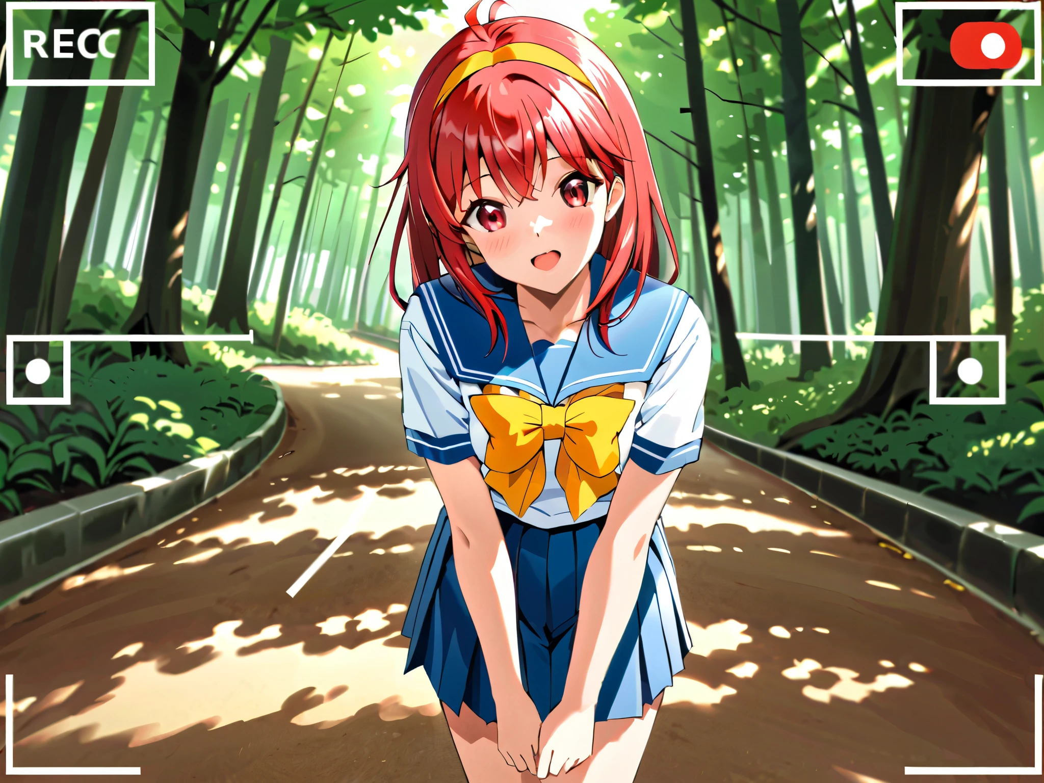 ShioriFujisaki,red hair,red eyes,long hair,hair band,yellow hairband,white serafuku,1gail,1boy ,school uniform,blue sailor collar,blue pleated skirt,yellow bow,shoes,socks,recording,viewfinder,Forest Park,Short sleeve,bangs,blush,eyebrows visible through hair,looking at viewer,open mouth, cross your arms behind your back,back said, Gravure Shooting