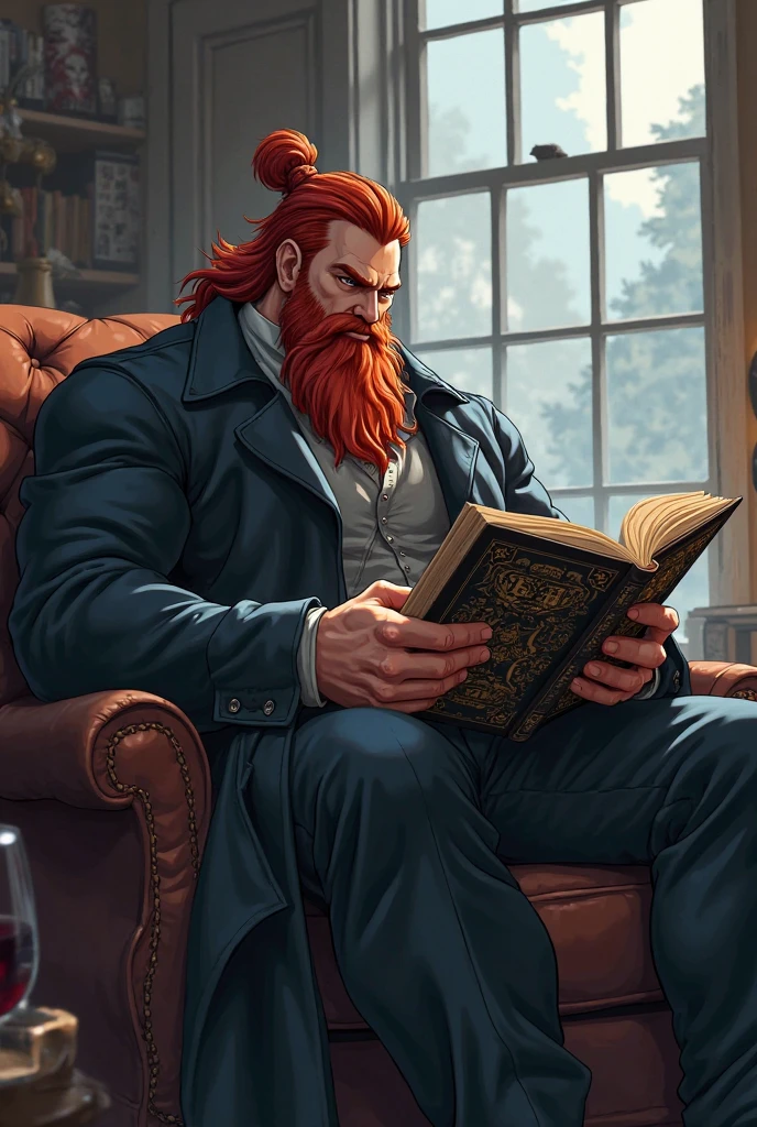 Caucasus redhead man, with beard, long hair, shirtless sitting in red underwear and reading book, In Georgian village, with handsome face and muscular body. Low camera, blue eyes. hair on his body, huge bulge on underwear