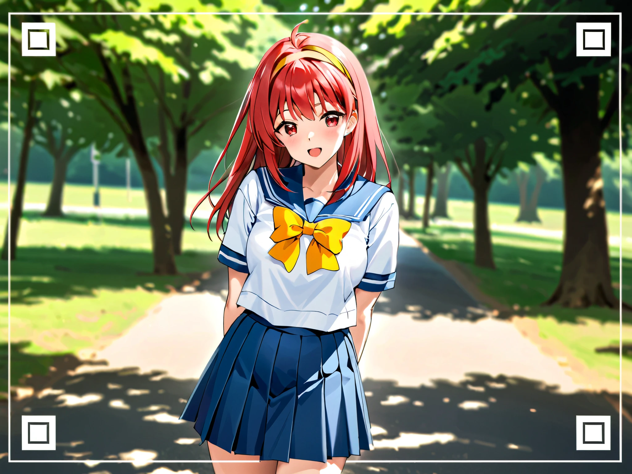 ShioriFujisaki,red hair,red eyes,long hair,hair band,yellow hairband,white serafuku,1gail,1boy ,school uniform,blue sailor collar,blue pleated skirt,yellow bow,shoes,socks,recording,viewfinder,Forest Park,Short sleeve,bangs,blush,eyebrows visible through hair,looking at viewer,open mouth, cross your arms behind your back,back said, Gravure Shooting