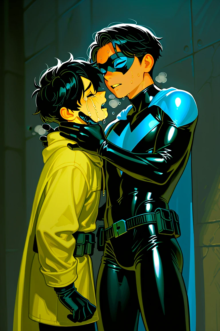 full view from afar on two boys full-body Jason Todd fucks Nightwing:1.7, young handsome muscle Nightwing getting facefucked by Jason Todd in full-length, blowjob scene in night, Nightwing sitting on his knees, small brown pink gradient penis:1.5 with glans and heavy testicles, arrogant rough face, Nightwing costume is blue and black colored, Jason Todd has gray costume, bald Jason Todd's head in a red tight rubber mask:1.5,
