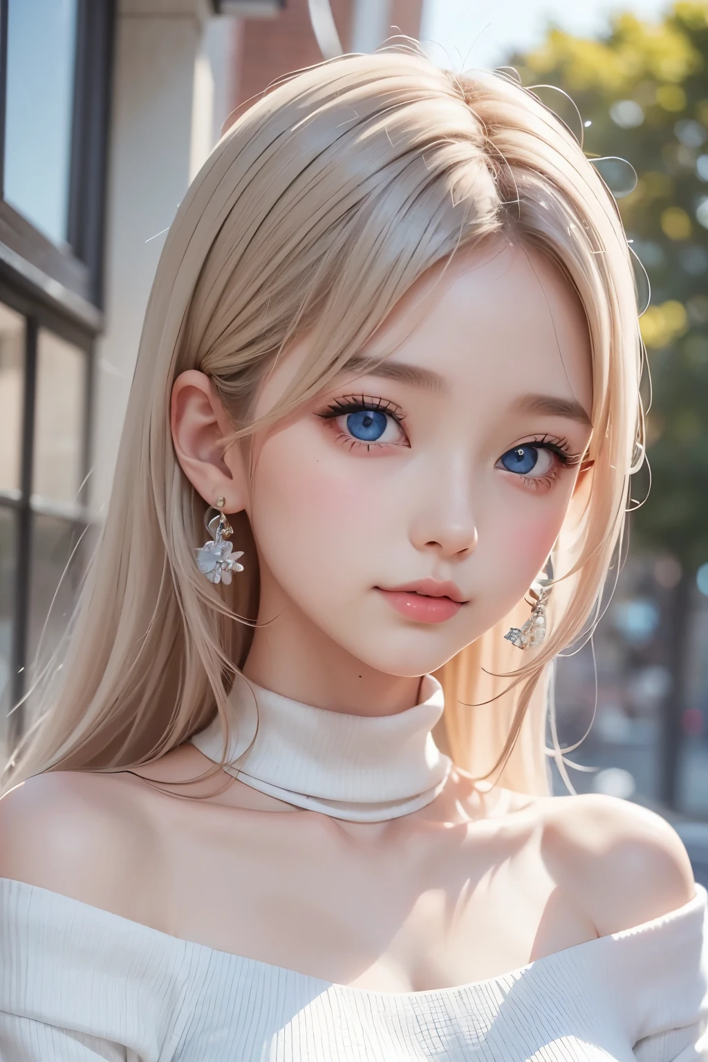 woman in a white dress with visible body contours, artwork in the style of Gwaiz, Gwaiz on pixiv artstation, Gwaiz on artstation pixiv, Gwaiz, fantasy art style, Gwaiz masterpiece, Beautiful and Elegant Queen , beautiful character drawing , detailed digital anime art, blonde princess raising her cheeks, Grey Hair, sky blue eyes, pink lips, off-shoulder sweater , Cool girl face, beautiful eyes, Face type , Reika , Tilt your head