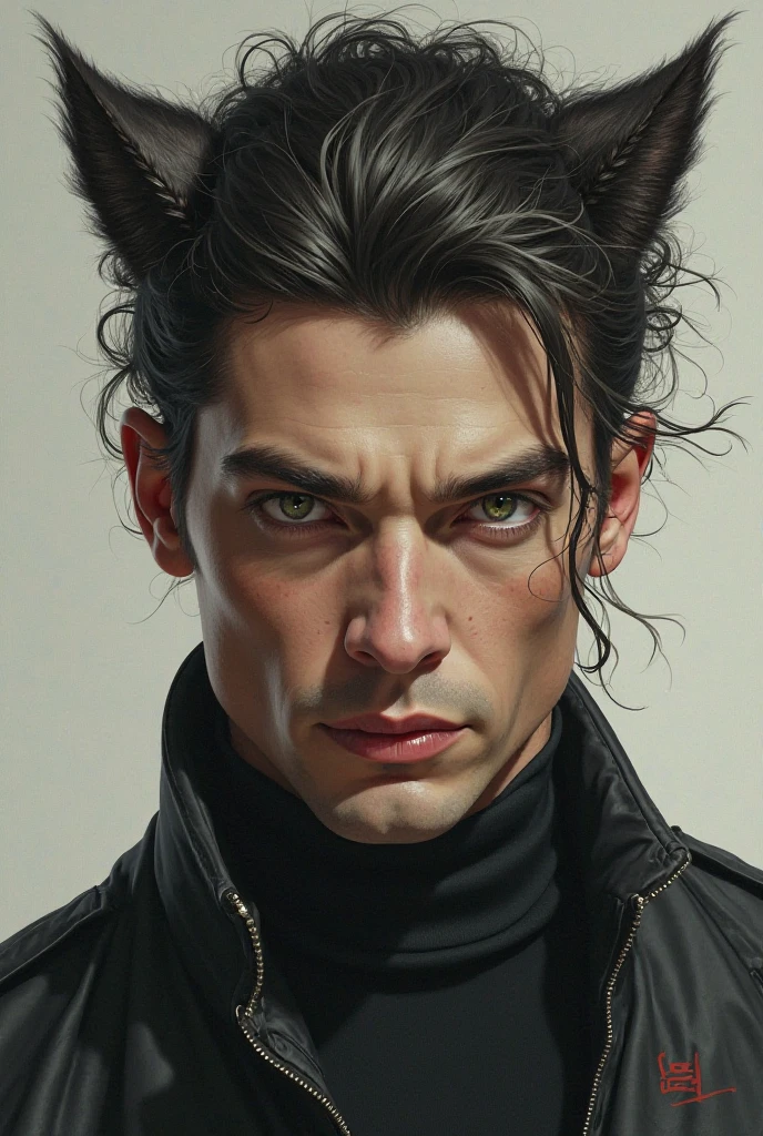Create a handsome man with the cat-like look of grey-green eyes, portrait, foyue, is extremely realistic, detailed, shelevre