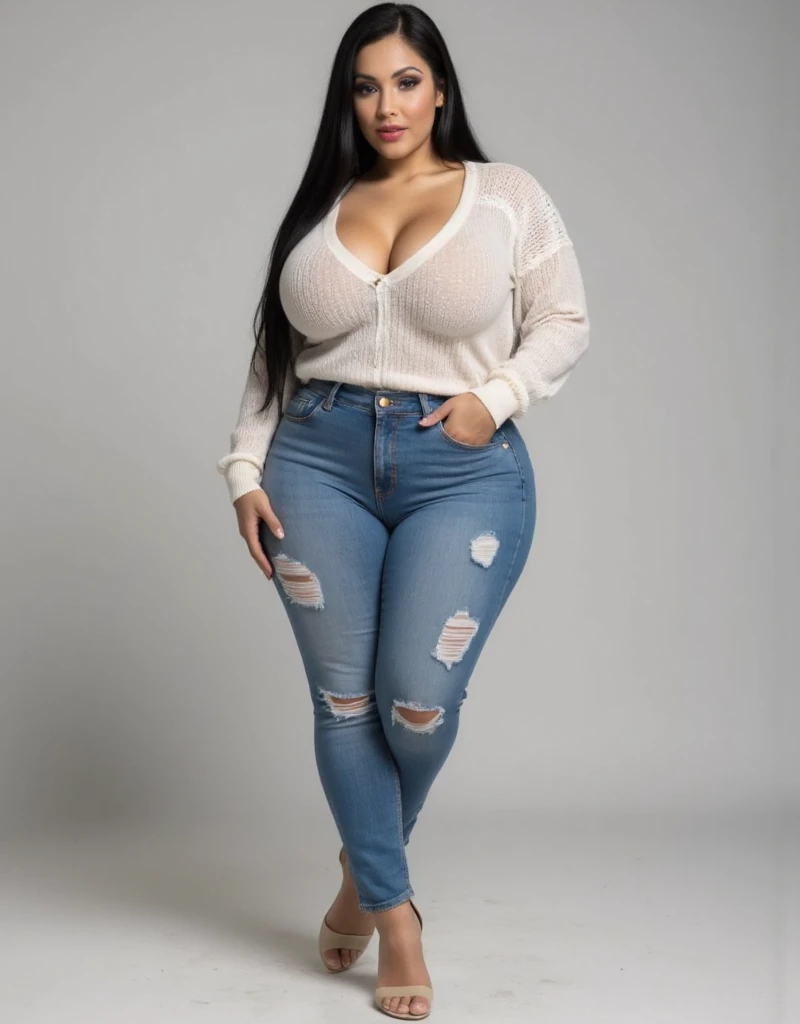24-year-old girl (long, straight, loose hair). Wearing white tank top, cleavage, ((natural big breast, big thigh, chubby body)), ((wearing long denim pants, bpack stockings, black garter)). Standing posture. Dark background. (Latina woman).Wide view