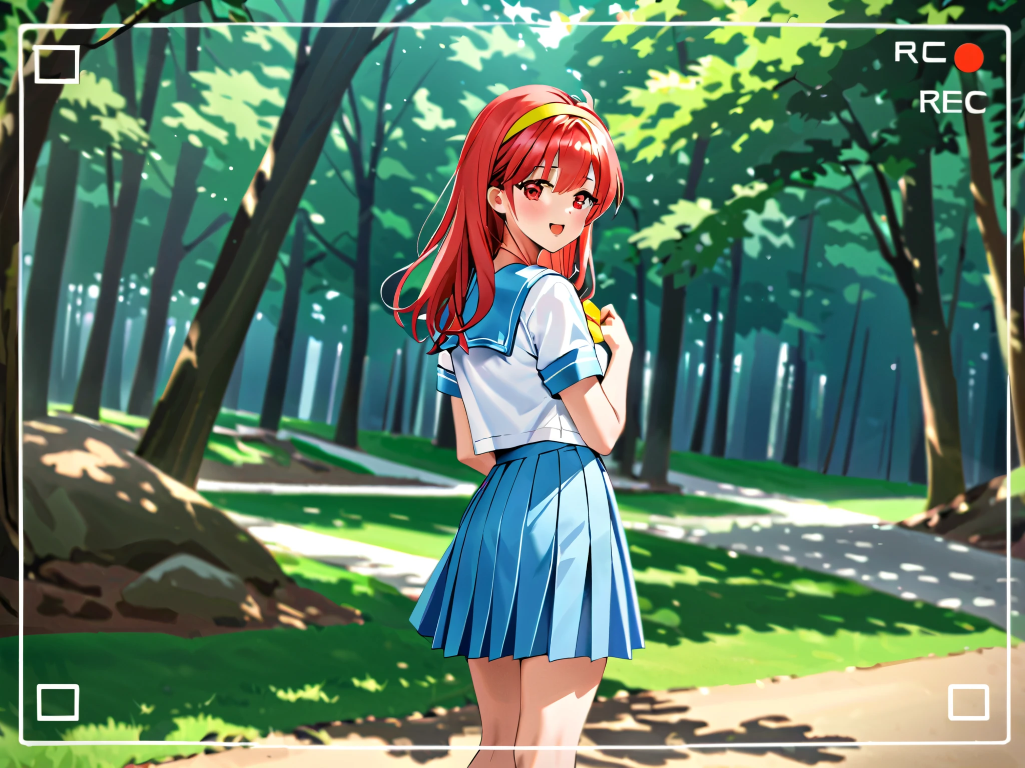 ShioriFujisaki,red hair,red eyes,long hair,hair band,yellow hairband, white serafuku,1gail,1boy ,school uniform,blue sailor collar,blue pleated skirt,yellow bow,shoes,socks,recording,viewfinder,Forest Park,Short sleeve,bangs,blush,eyebrows visible through hair,looking at viewer,open mouth, cross your arms behind your back, back view,Retrospective gravure shooting