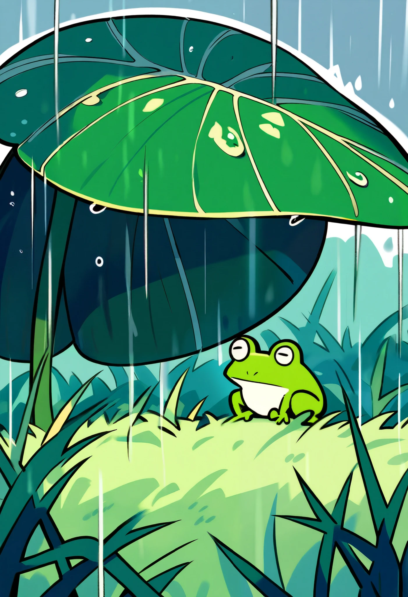 What happens when it rains?,A frog sheltering from the rain under a large leaf, minimalist,cute,Anime Artwork,Grassland