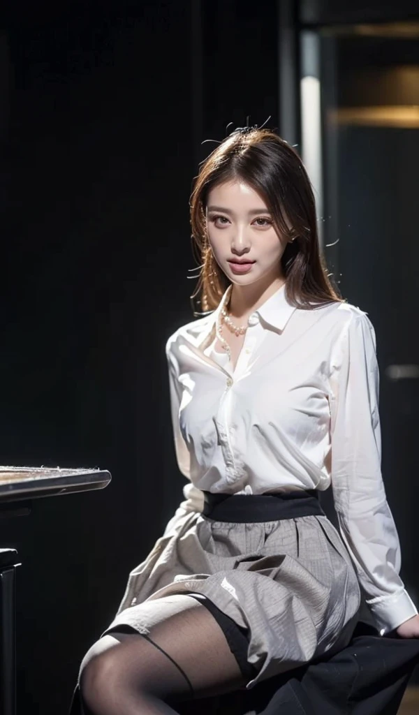 best qualtiy， tmasterpiece， 8K， 超高分辨率，（Photorealsitic：1.4），Focal length 1.5 meters， highly  detailed， intricately details， delicateandbeautiful， Good lighting， profesional lighting， tack sharp focus， detailed shadow， Exquisitedetailsandtextures， depth of fields， Unity 8k壁纸， cinematic compositions， cinmatic lighting， offcial art，(From head to thighs)， small medium breasts，(Baneau white shirt，In black suit:1.5)，(Short straight skirt)，( black pantyhoses)， (Aircraft cabin，Aircraft Corridor， Aircraft seats)， Beautiful and elegant face， 详细的脸， A detailed eye，photo-realistic hair，(long whitr hair:1.2)，（1个Giant Breast Girl），Dynamic posture，Keep your eyes on the camera，