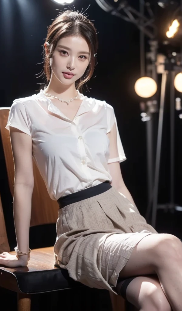 (((best quality))),(((ultra detailed))),(((masterpiece))),illustration,((a beautiful girl,solo)),(short ponytail:1.2),(glasses:1.2),((slim,thin)),((small breasts,flat chest)),(slender legs:1.2),(loafers:1.2),(sitting:1.3),(arms behind back:1.3),(spread legs apart:1.3),(in a movie theater:1.3),((white short-sleeved shirt,white flowing long skirt)),elegant, youthful innocence, radiant skin, focused eyes,(movie screen:1.2), (dimly lit:1.5), plush seating, intricate decorations, freshly popped popcorn, anticipation, peaceful expression, cozy surroundings, summer,(night scene:1.3),(Luxurious decoration:1.3), tranquility, joy,((Future technology sense, cyberpunk style)),((from front,full body))