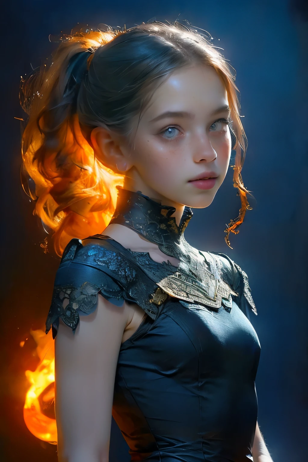 masterpiece,best quality, illustration,{beautiful detailed girl},beautiful detailed glow,(flames of war:1.2),(nuclear explosion behide:1.3),rain,detailed lighting,detailed water,(beautiful detailed eyes:1.1),expressionless,palace,azure hair,disheveled hair,long bangs,hairs between eyes,(whitegrey dress:1.1),black ribbon,white bowties,midriff,big forhead,blank stare,flower,long sleeves