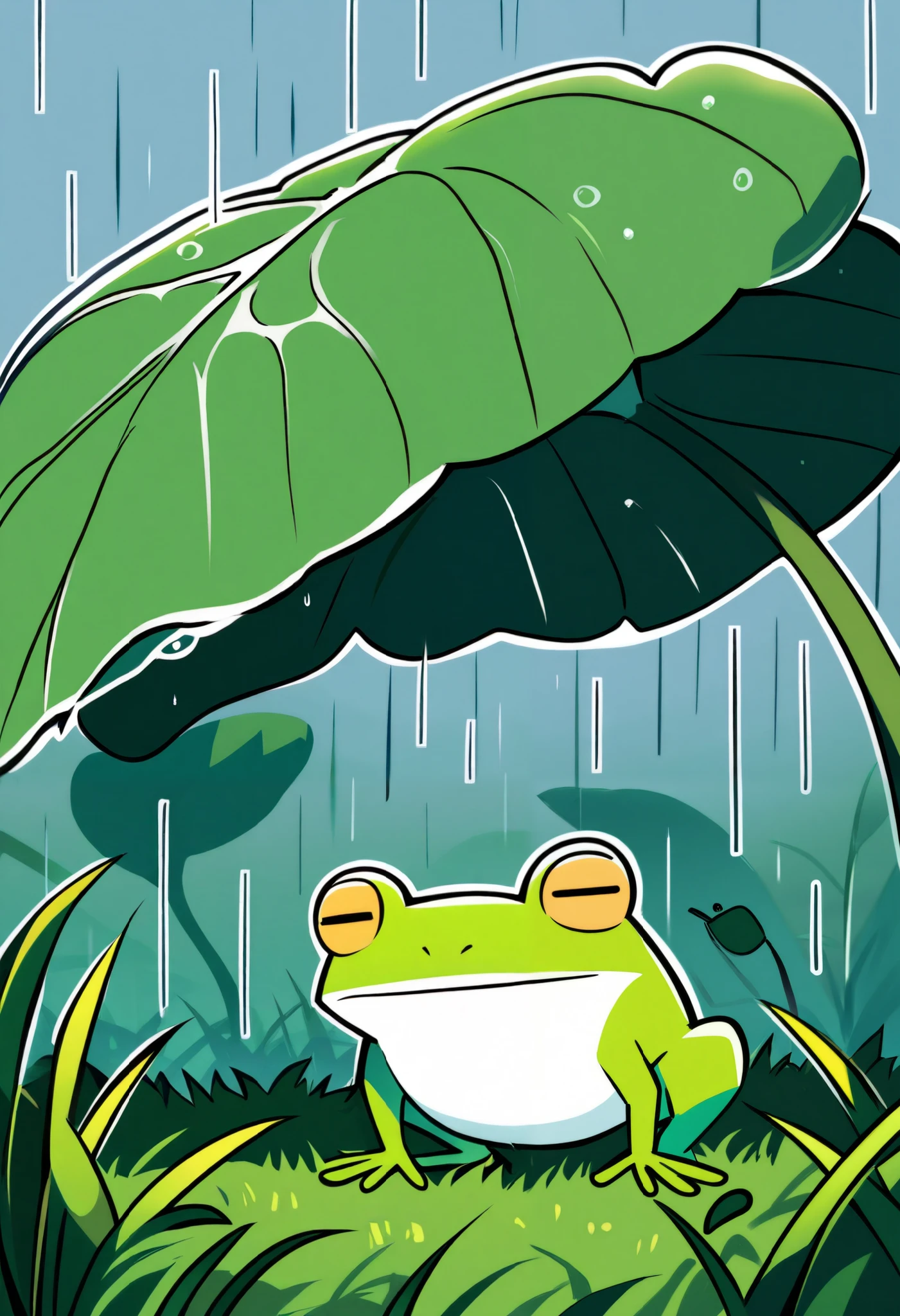 What happens when it rains?,A frog sheltering from the rain under a large leaf, minimalist,cute,Anime Artwork,Grassland