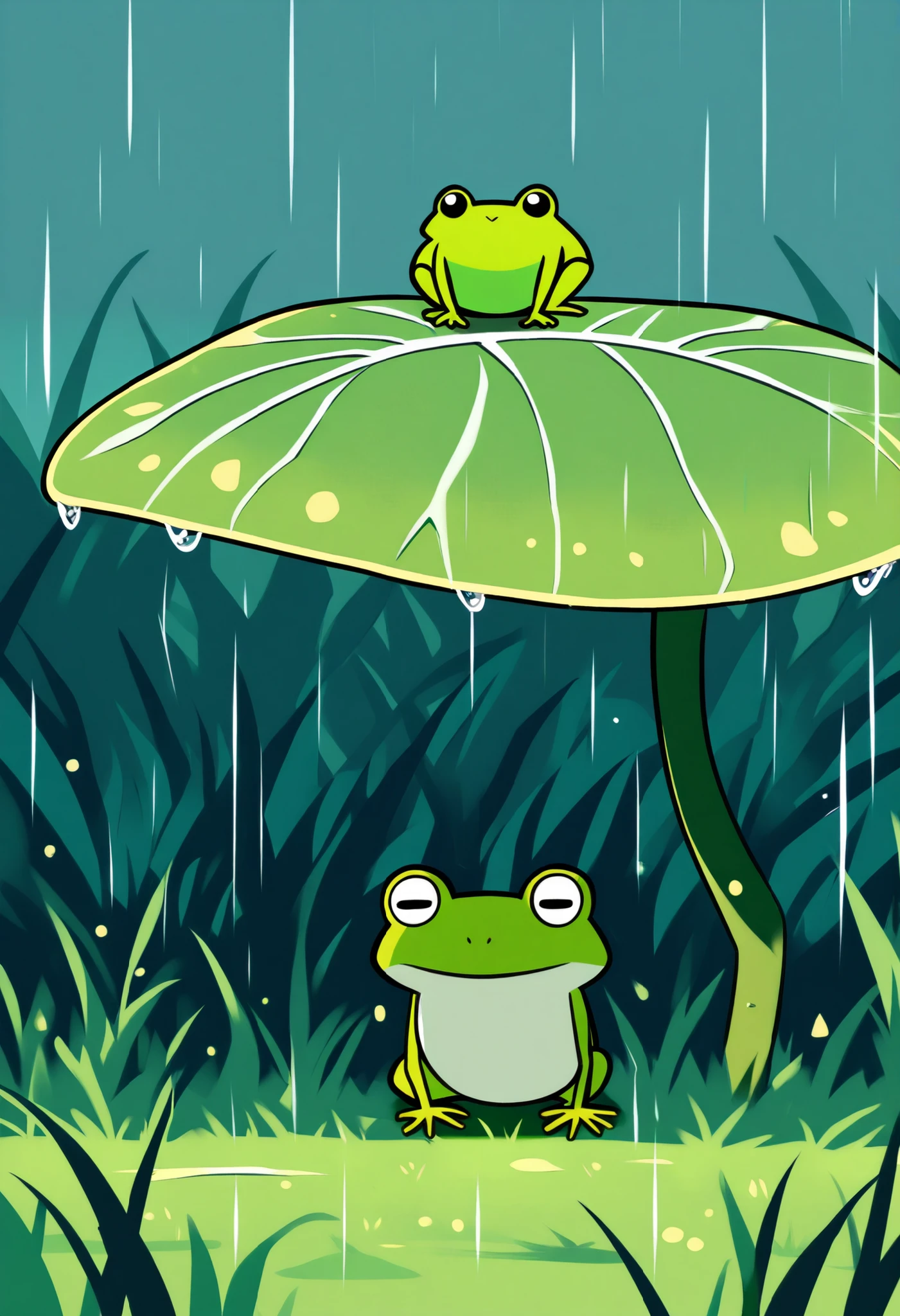 What happens when it rains?,A frog sheltering from the rain under a large leaf, minimalist,cute,Anime Artwork,Grassland