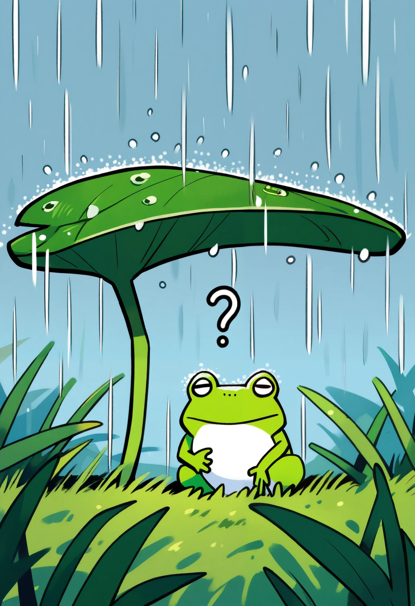 What happens when it rains?,A frog sheltering from the rain under a large leaf, minimalist,cute,Anime Artwork,Grassland