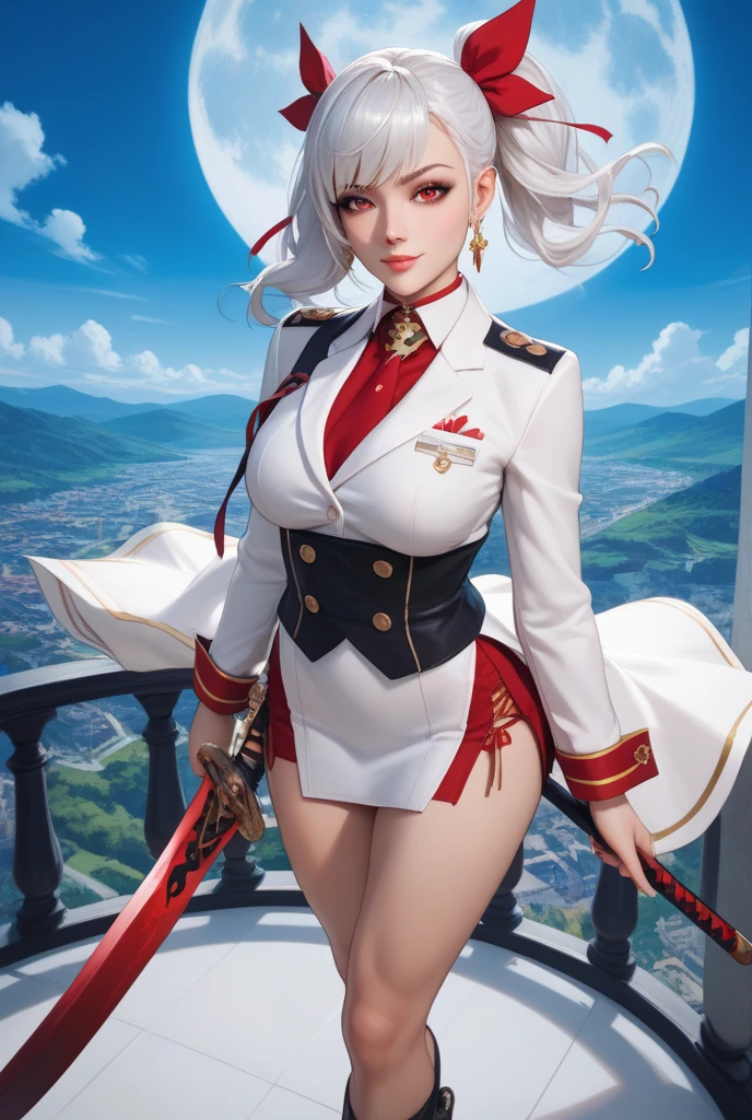 Beautiful lady, White hair, Hip length hair, Breast size,red uniform with black skirt, of the leaders, friendly look, good quality, light background, small rank insignia, V-neck, sexly, 4K, red eye,