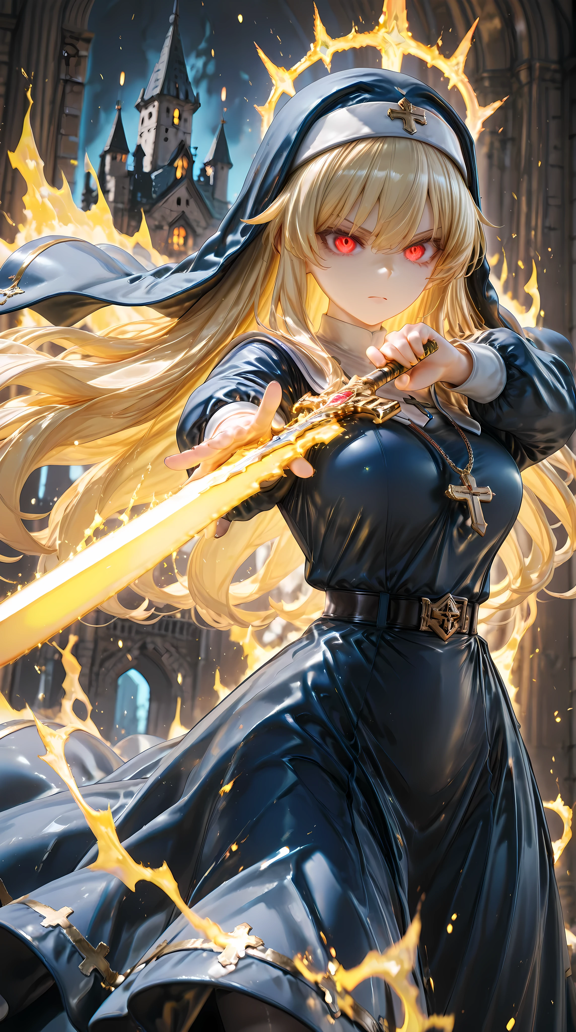 solo, 1girl, aiming a Longsword at viewer, (glowing yellow sword, aura:1.3), fighting stance, 
BREAK 1girl, nun, long dress, (navy:1.3) dress, glowing red eyes, long blonde hair, serious,
BREAK night, dark background, castle,
BREAK diffraction spikes, depth of field, dynamic angle, (Luminescent sword effects:1.2), cinematic shadow,
BREAK 3D, (masterpiece, super fine illustration, highly detailed), best quality, expressive eyes, perfect face, perfect weapon,