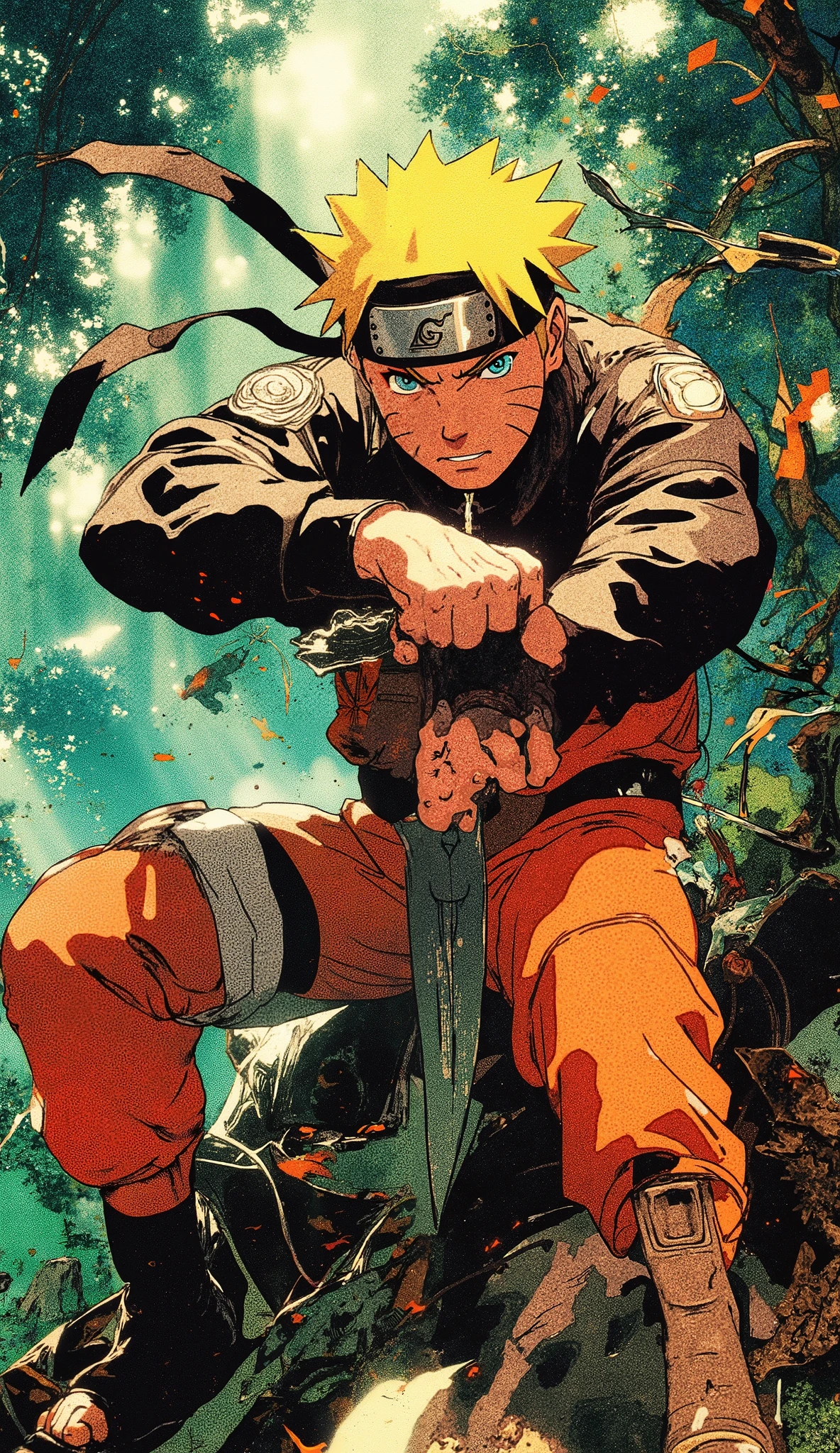 Create a full Naruto wallpaper holding a kunai in his hand.