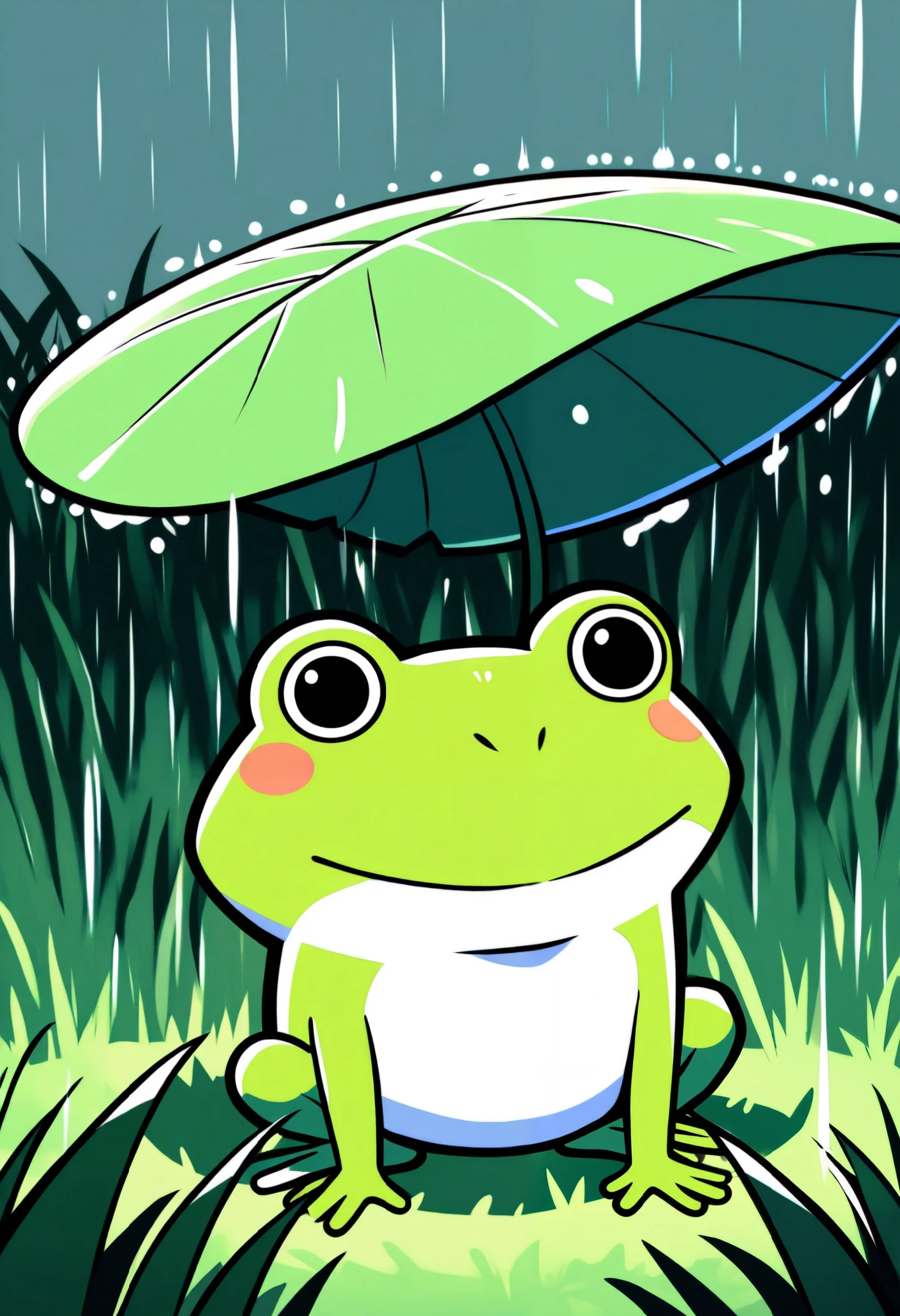 What happens when it rains?,A frog sheltering from the rain under a large leaf, minimalist,cute,Anime Artwork,Grassland