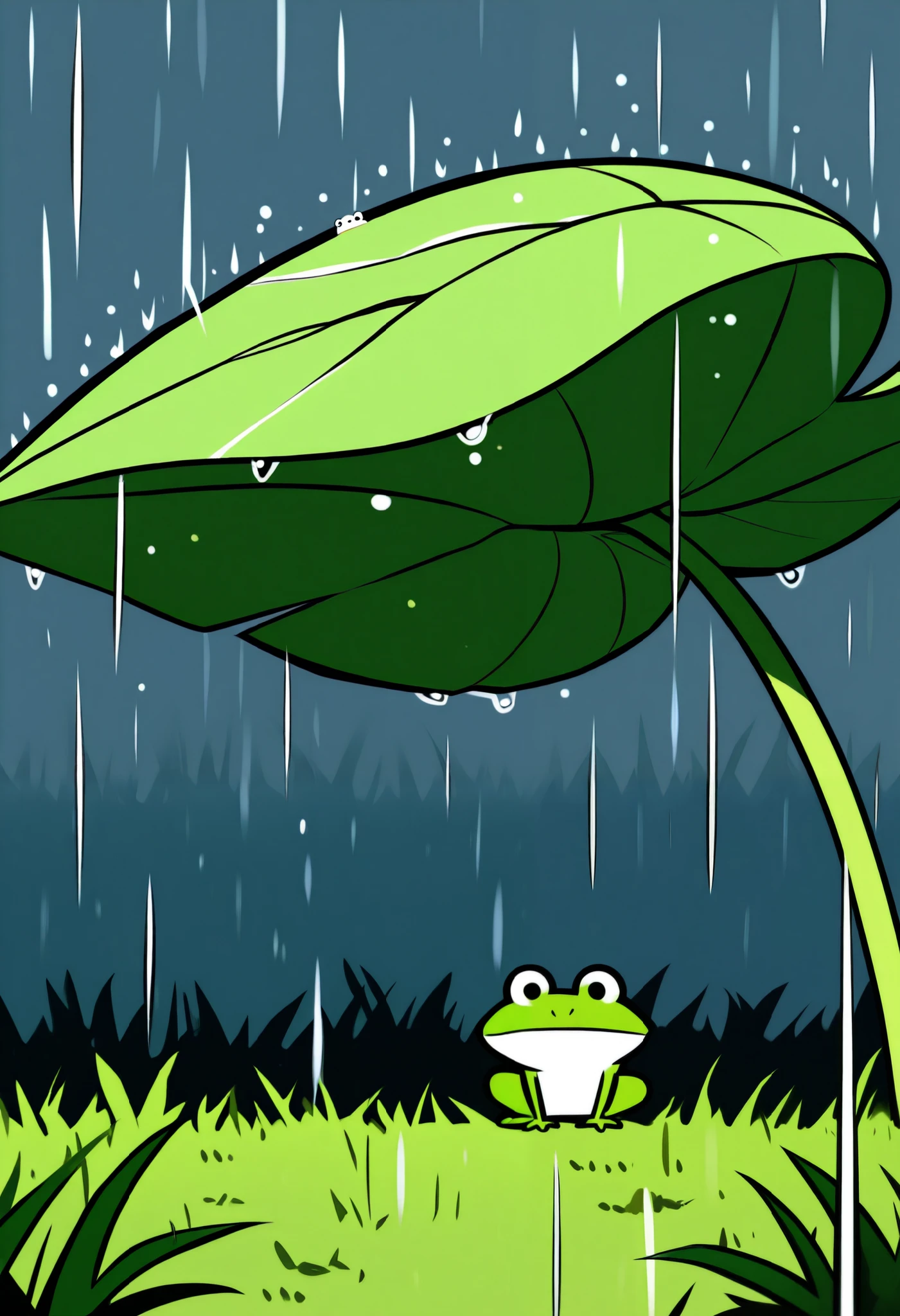 What happens when it rains?,A frog sheltering from the rain under a large leaf, minimalist,cute,Anime Artwork,Grassland