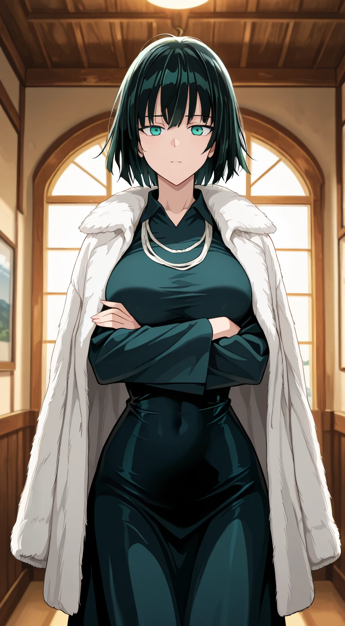 masterpiece, best quality, indoors, cinematic lighting, amazing quality, very aesthetic, absurdres, best quality, 4k, upscale, Fubuki, Main Outfit, solo, looking at viewer, sky, crossed arms, expressless,
