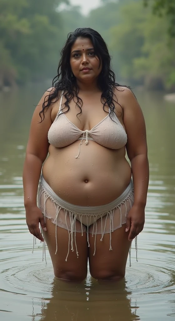 Realistic image of a rustic middle-aged northeastern woman, with a rustic face and wearing prescription glasses, long wavy black hair with gray roots, Prominent nose, full and drooping mouth, with naturally tanned skin and a body with beautiful curves but overweight, mid abdomen, with thick legs, thick thighs, natural and unusually voluminous breasts, totally naked, is standing imposingly with a broom in a humble backyard.